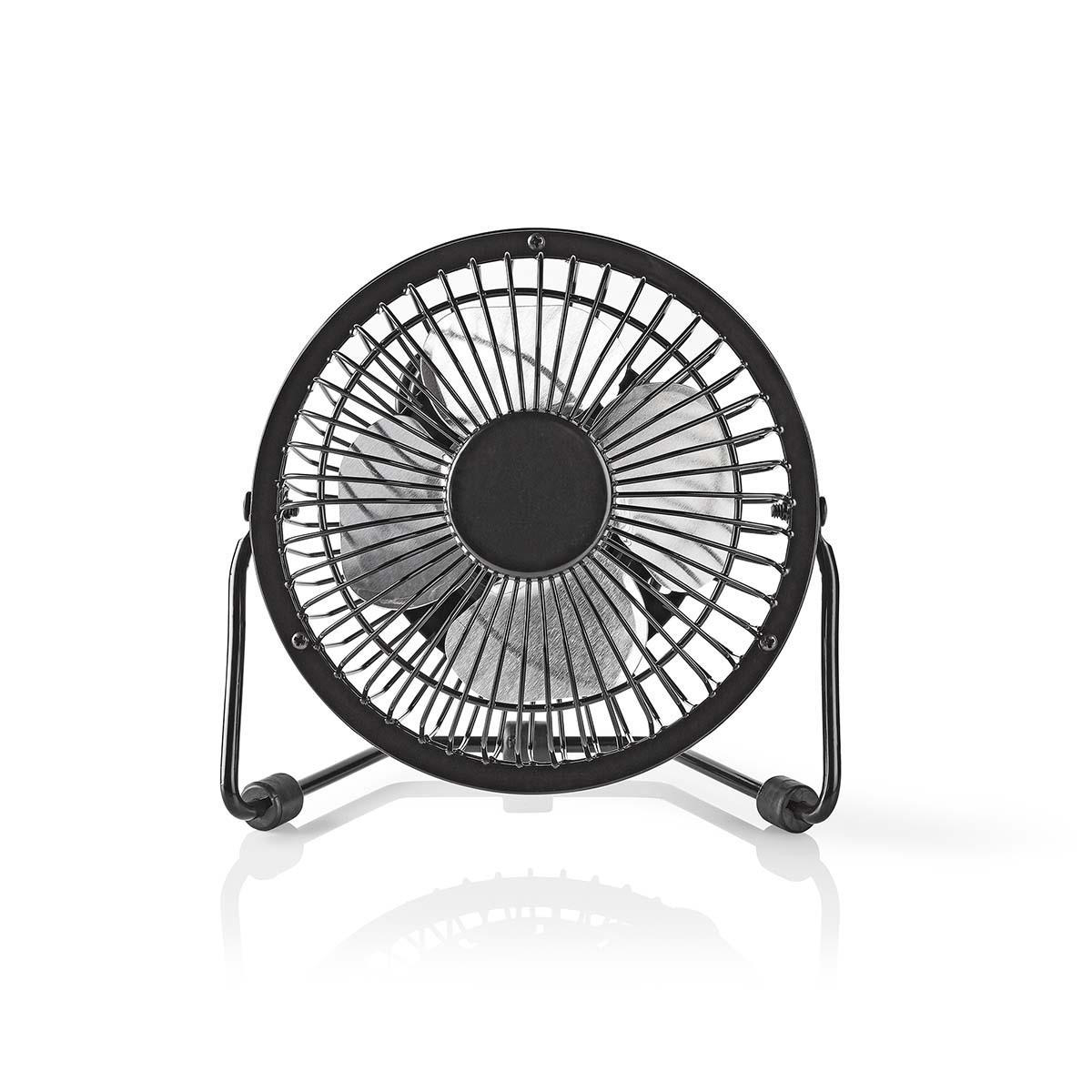Kleiner schwarzer Ventilator. Der Ventilator ist rund mit Schutzgitter und steht auf zwei Füßen.