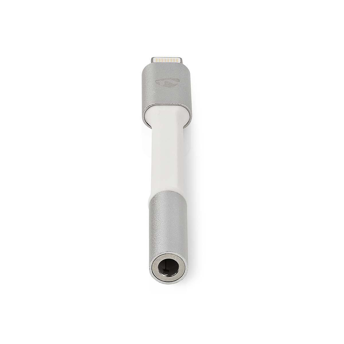 Adapter, weiß mit silbernen Enden. Ein Ende für einen Kopfhöreranschluss und das andere für einen Lightning-Anschluss.