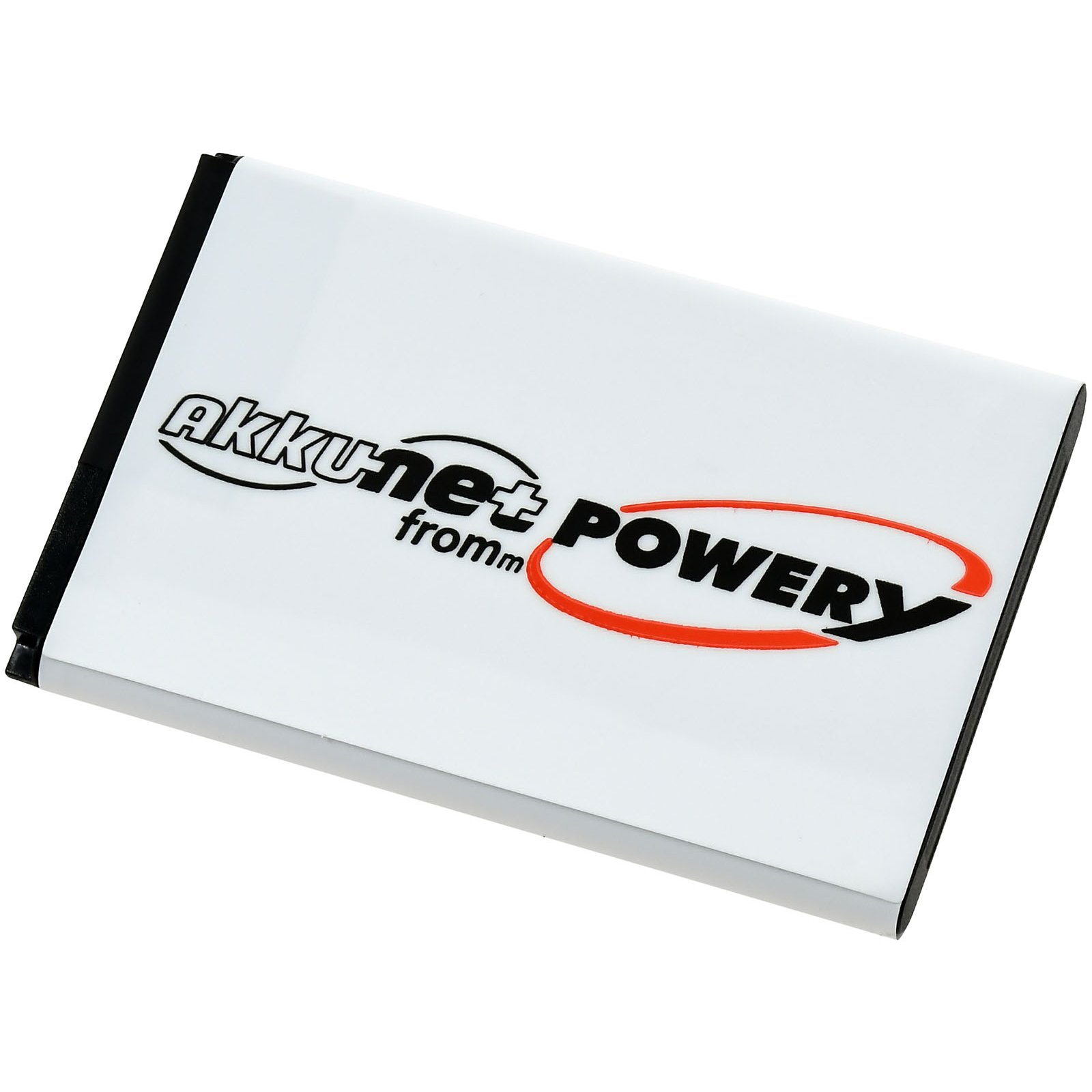 Un paquete de baterías rectangular blanco con texto negro: 'akkunet POWERy fromm' y un óvalo naranja.