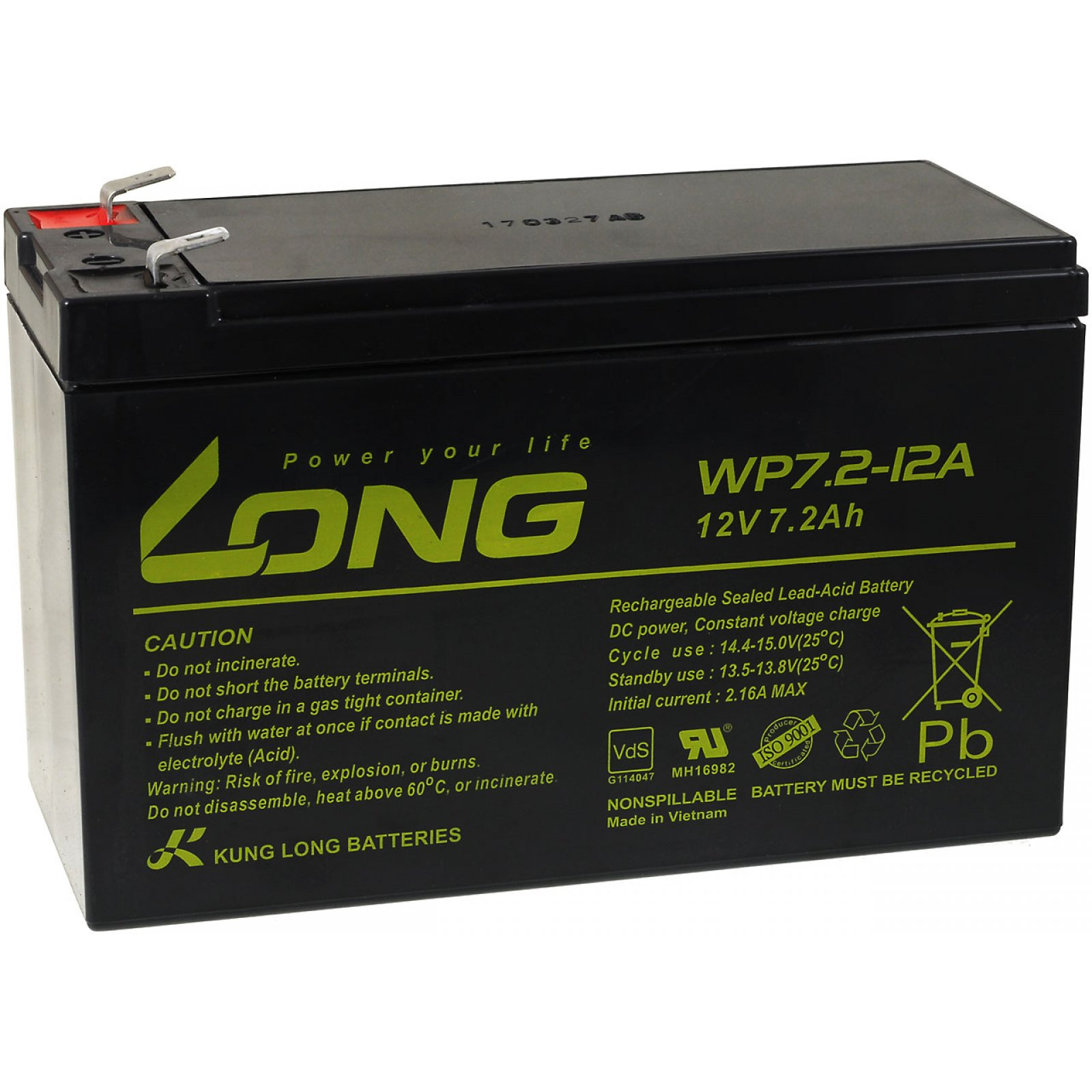 Batería rectangular negra con la etiqueta 'LONG', con advertencias y especificaciones, fondo blanco.