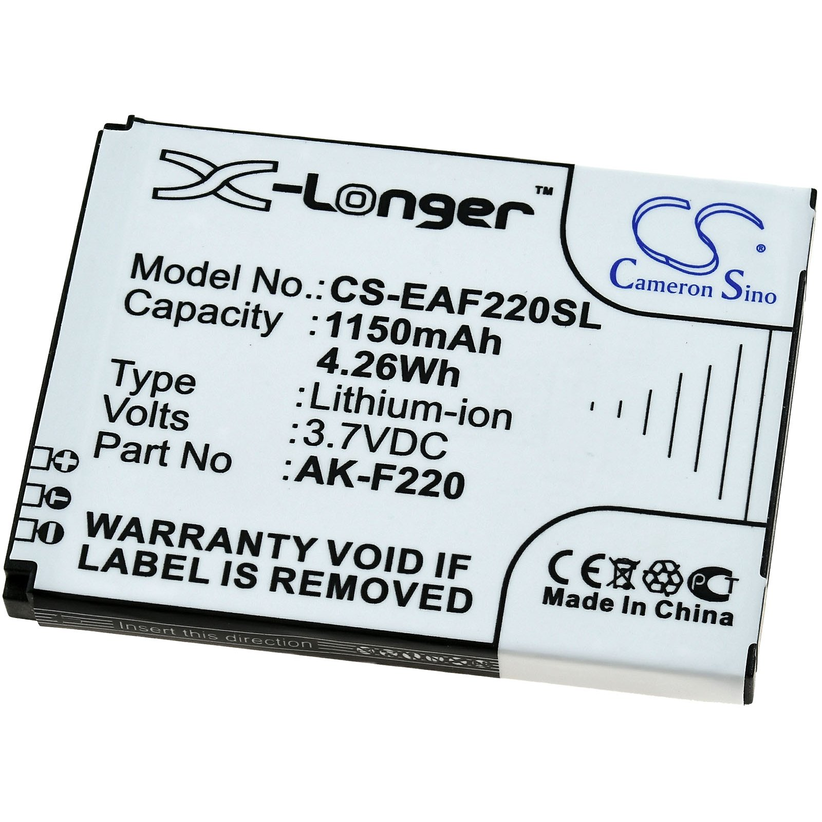 Eine weiße und schwarze Batterie mit Text und einem blauen Logo.