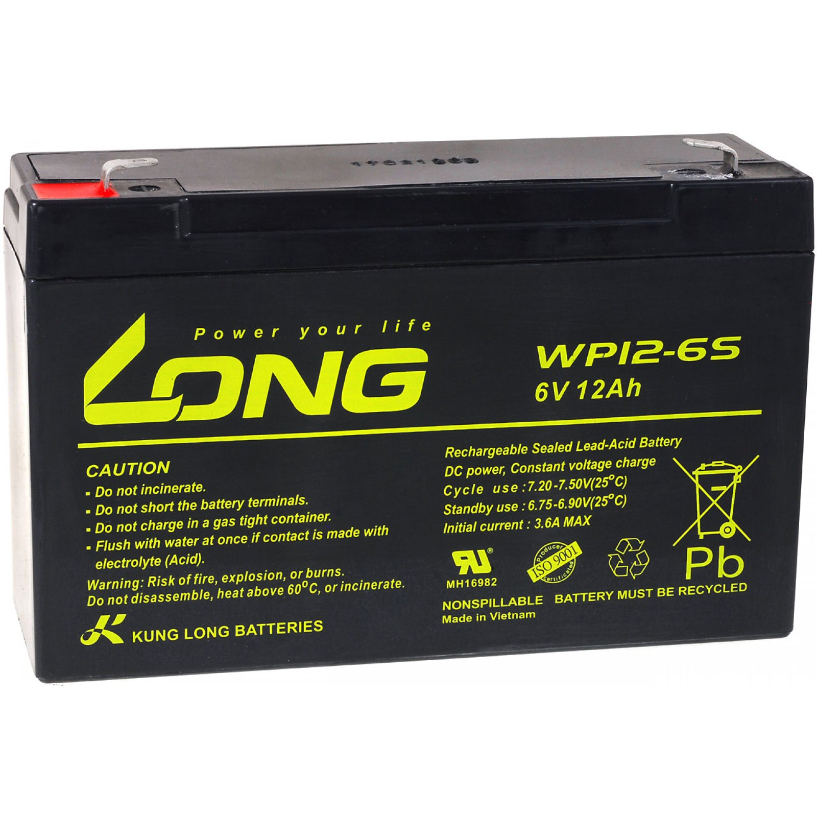 Batería recargable negra de 6V 12Ah con etiquetas de advertencia, fondo blanco.