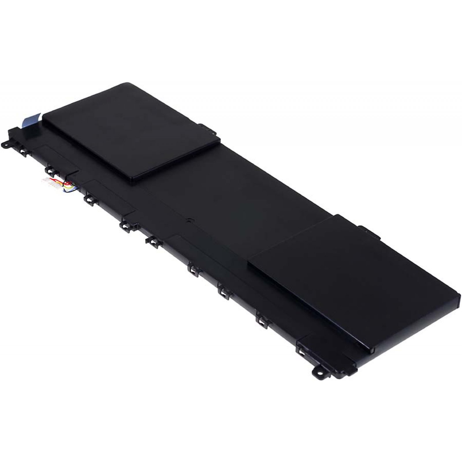 Batería negra de portátil, rectangular, con dos cubiertas negras.