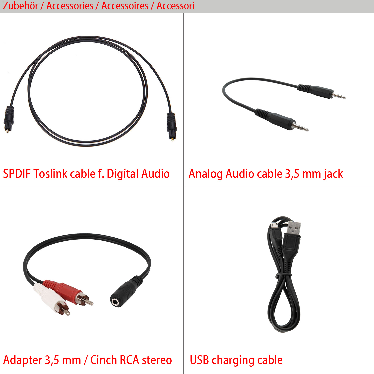 Vier verschiedene Audiokabel. Enthält SPDIF, analoges Audio, Adapter und USB-Ladekabel.