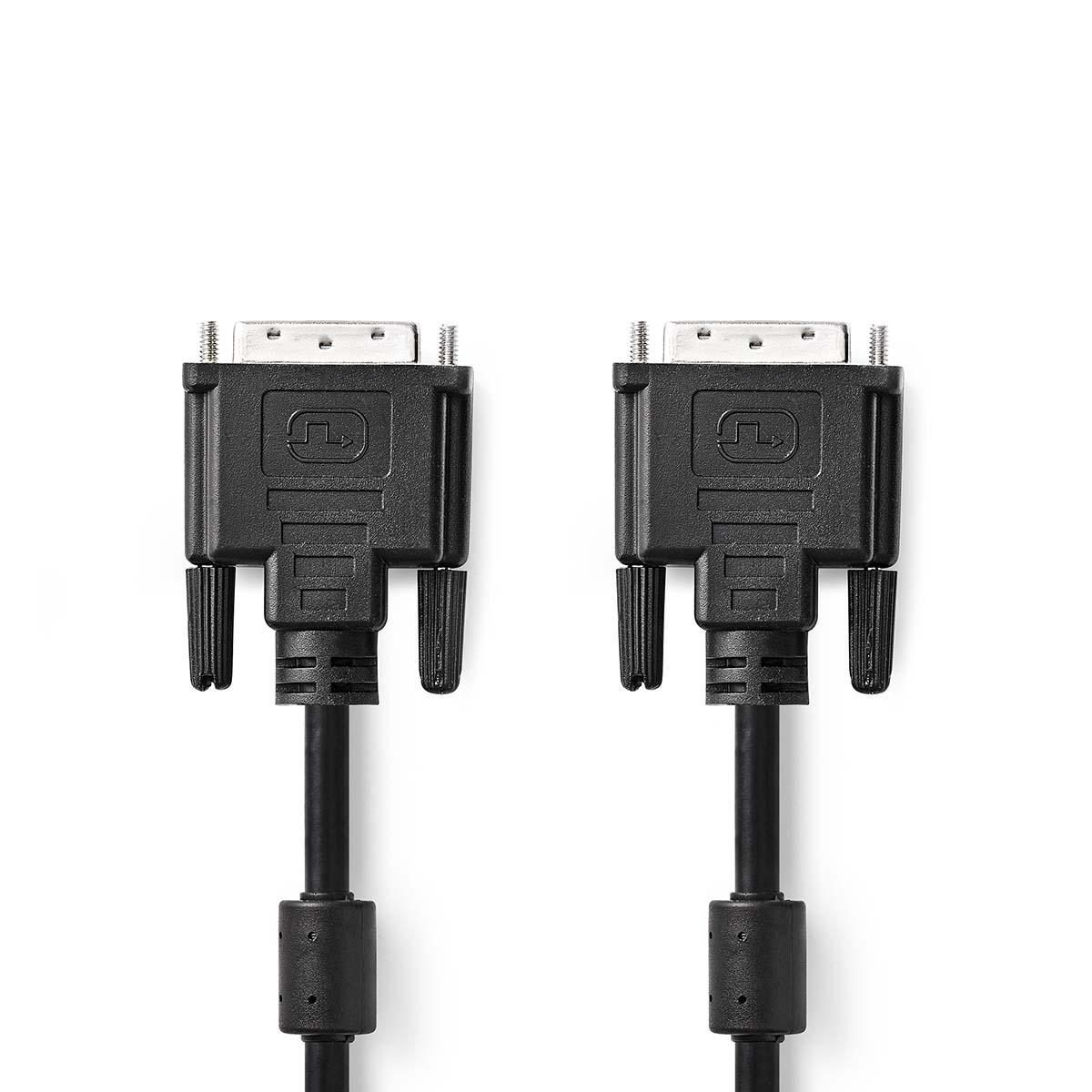 Zwei schwarze DVI-Kabel mit Anschlüssen auf weißem Hintergrund.