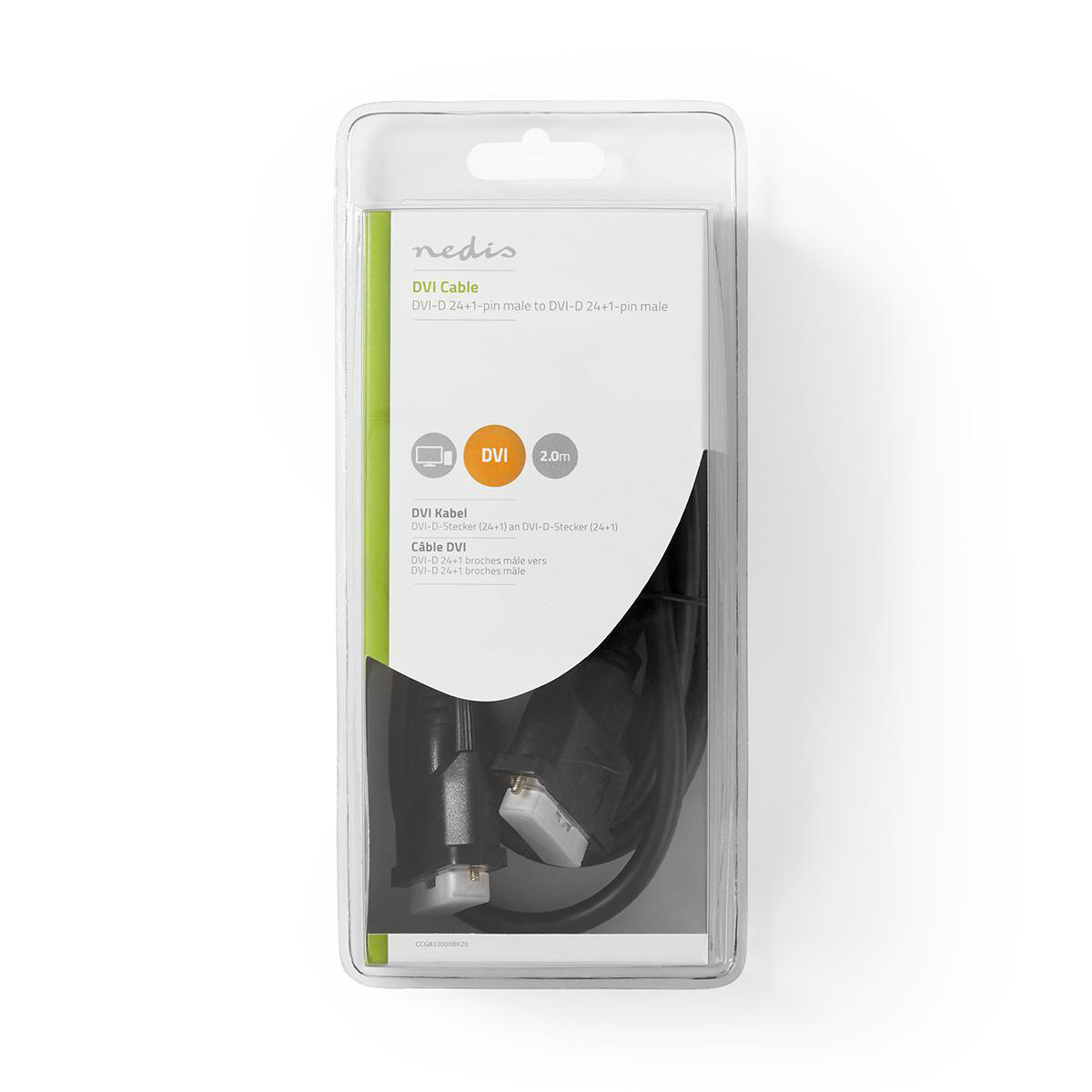 DVI-Kabel in transparenter Kunststoffverpackung, schwarzes Kabel.