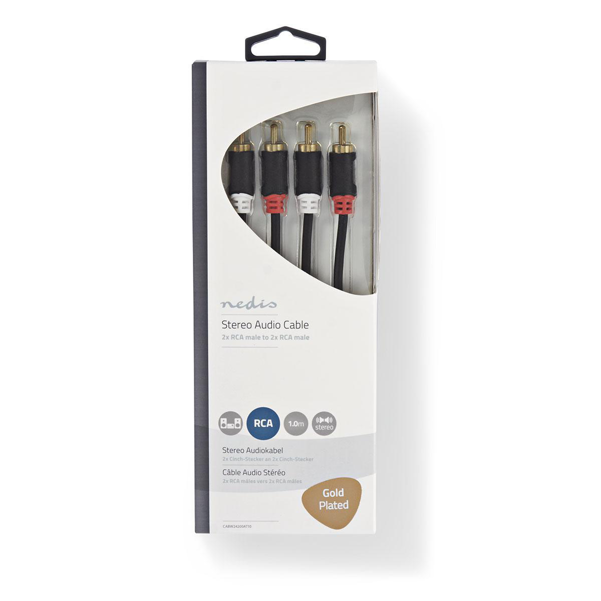 Een verpakking met een stereo audiokabel. De kabel is zwart met vergulde connectoren. De verpakking is wit met het merk 'nedis'.