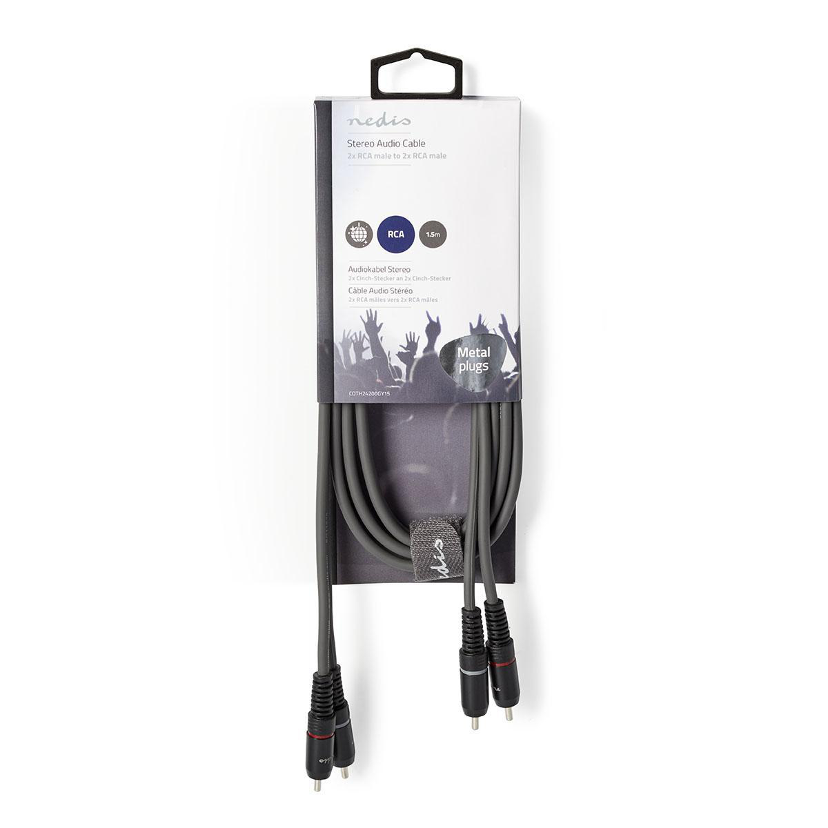 Een verpakking met twee audiokabels en zwarte RCA-connectoren, op een witte achtergrond.