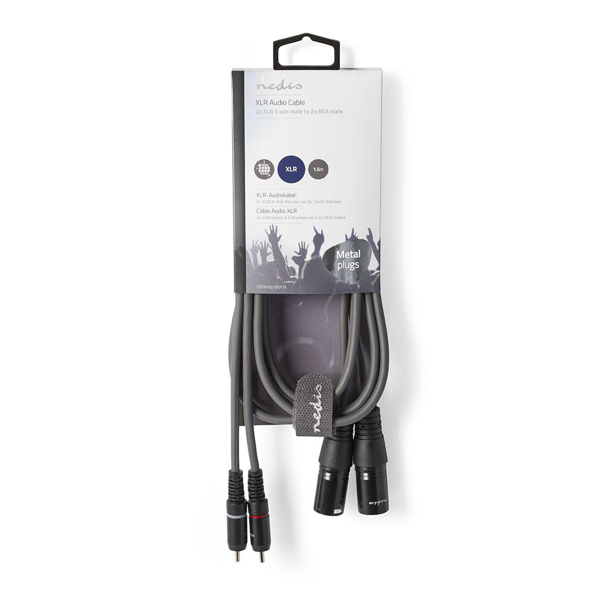 Een grijze XLR-audiokabel in een doos, met connectoren en een Nedis-logo.