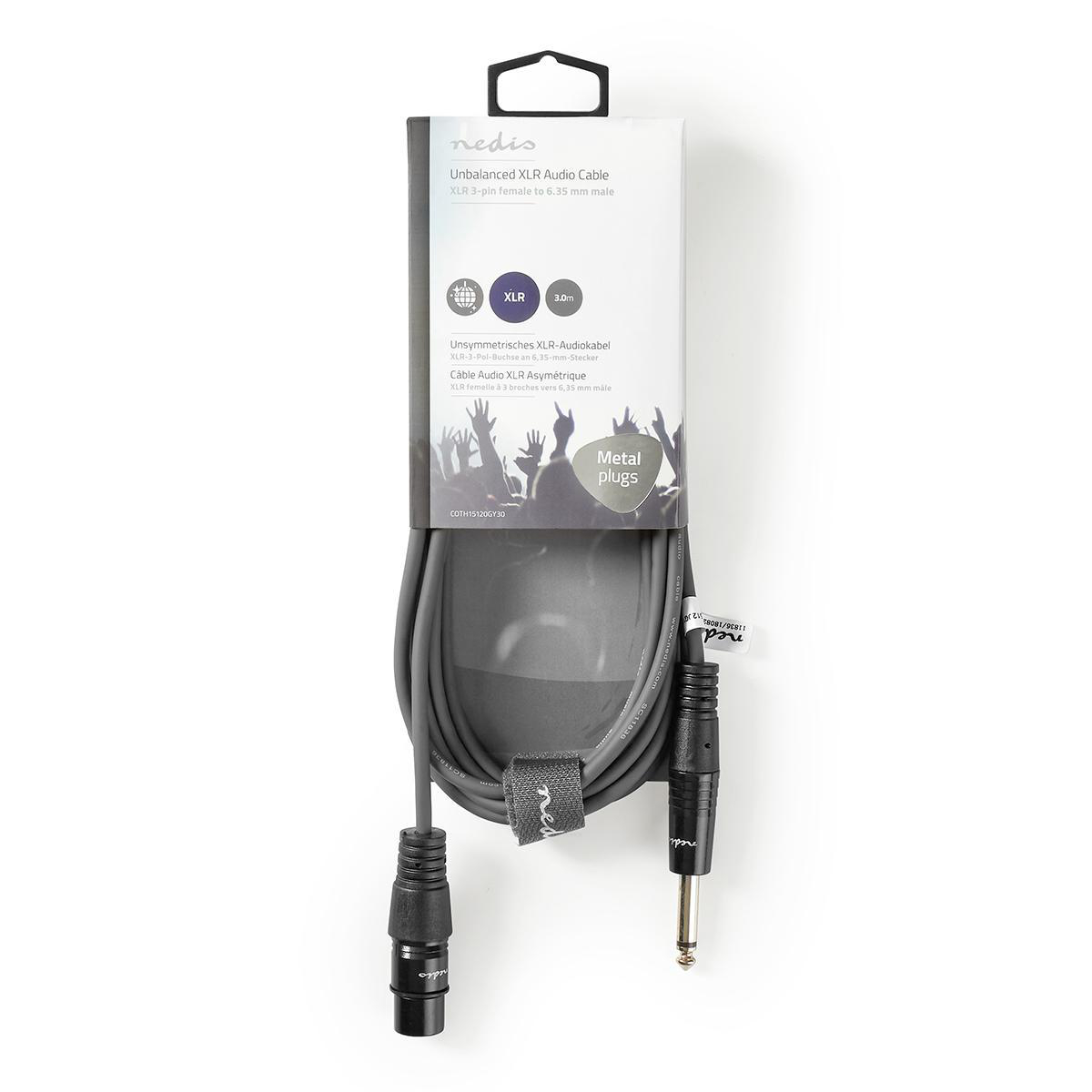 Grijze XLR audiokabel met mannelijke en vrouwelijke connectoren in een witte doos.