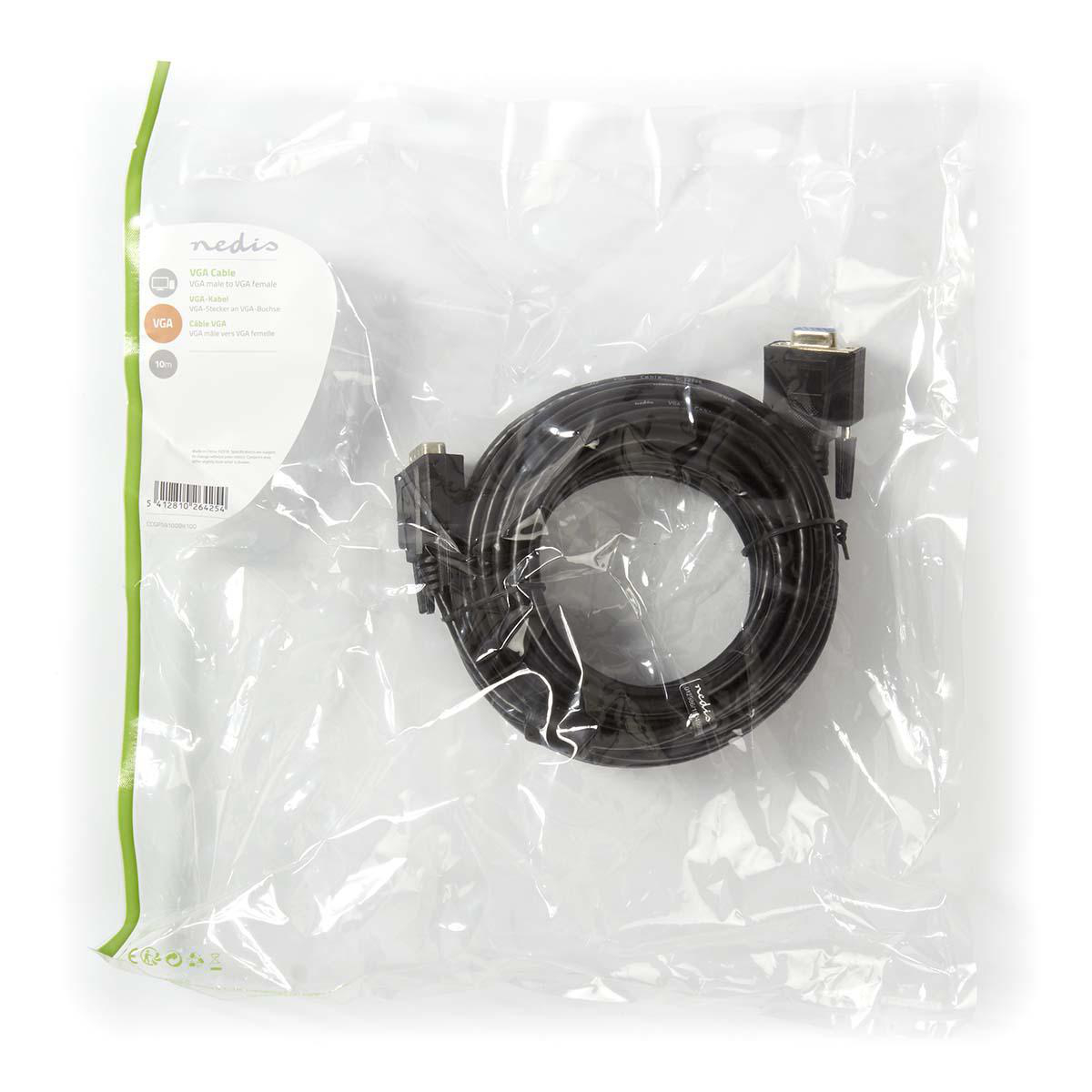 Schwarzes VGA-Kabel, zusammengerollt in einer transparenten Plastiktüte mit weißem Etikett.