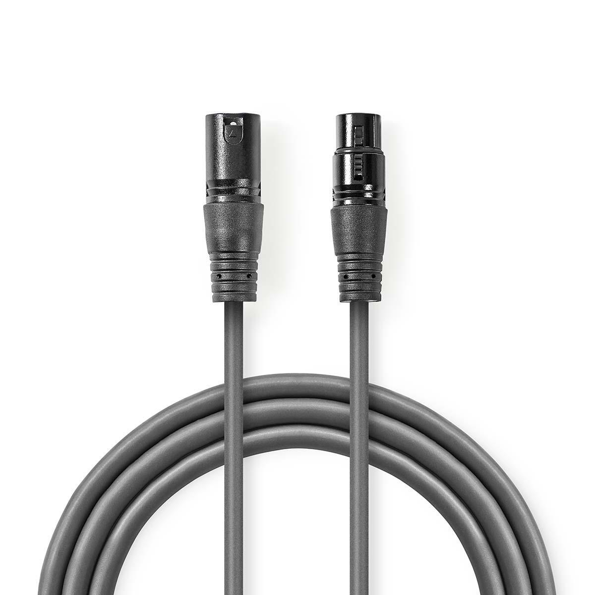 Twee grijze XLR-kabels met zwarte connectoren, symmetrisch gerangschikt op een witte achtergrond.