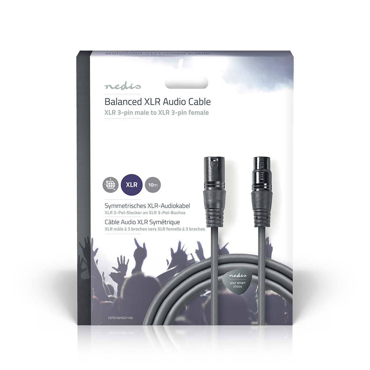 Verpakt gebalanceerde XLR audiokabel, zwarte connectoren, grijze kabel.
