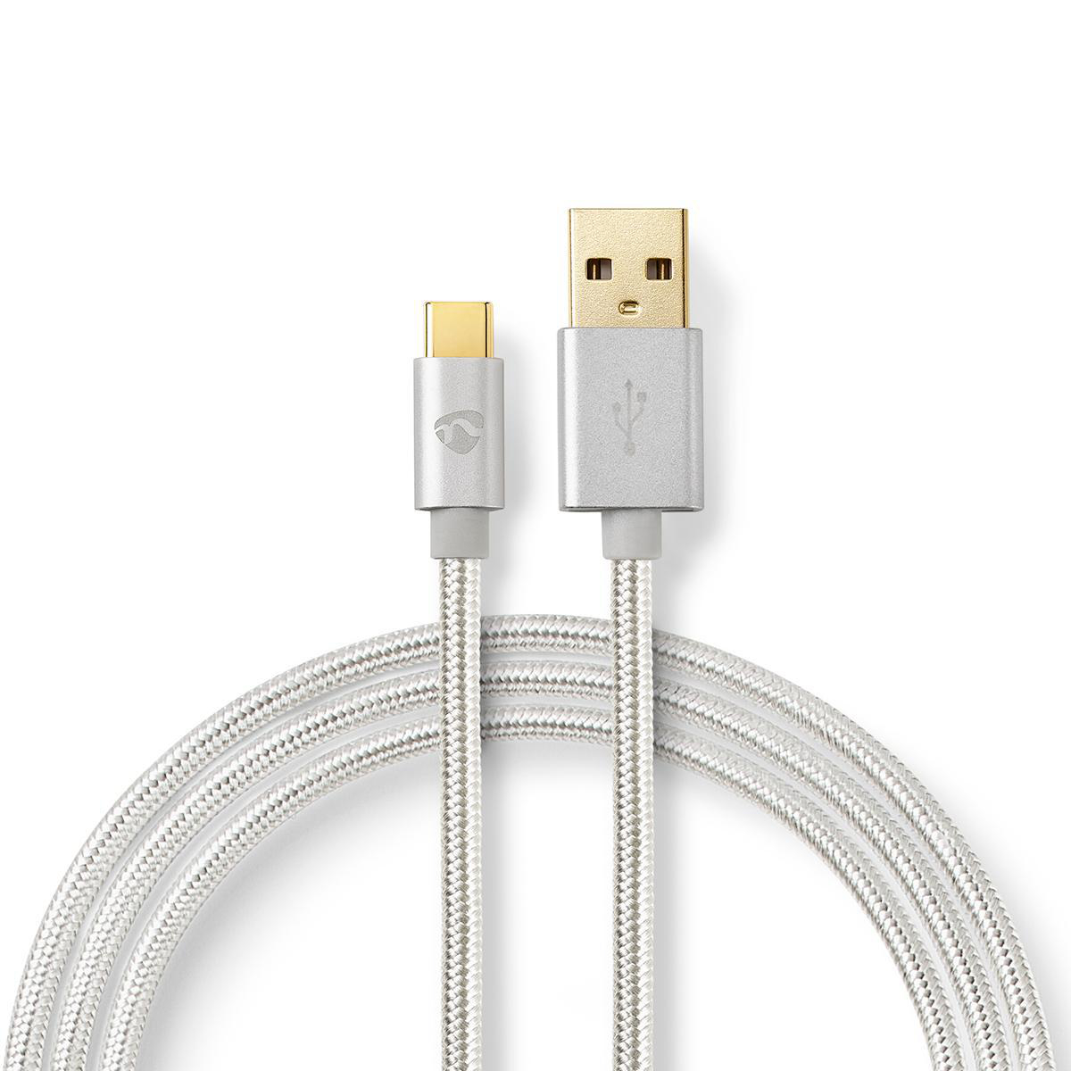 Silver and gold USB cable. One end is USB-C, the other is USB-A. Cable is silver, on white backdrop.