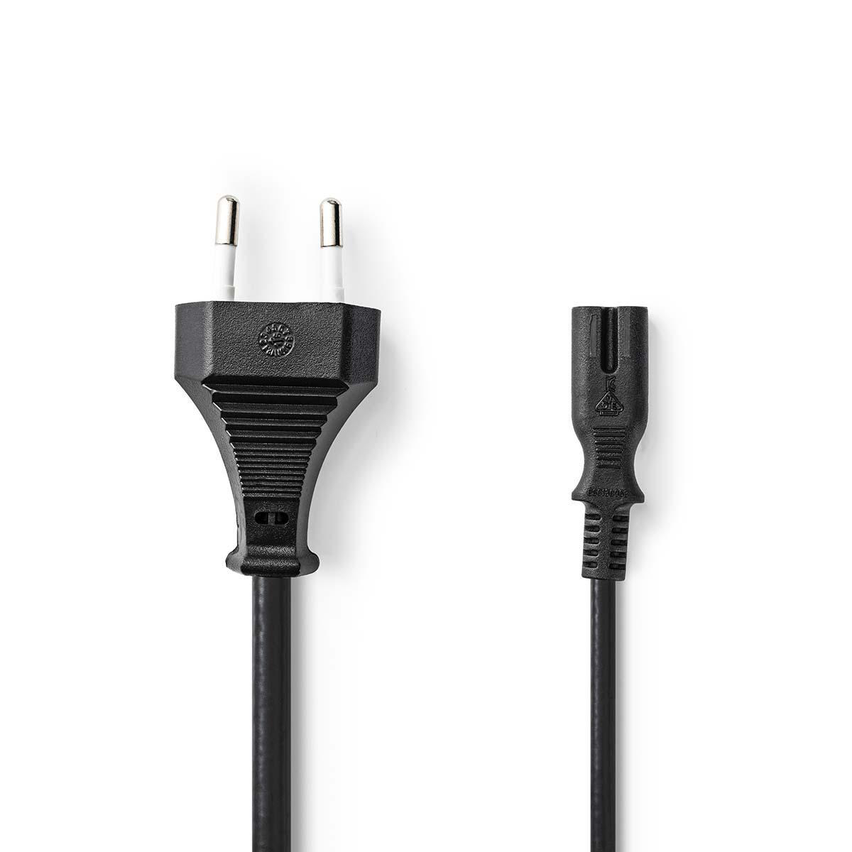 Black power cable with a plug and an IEC connector.