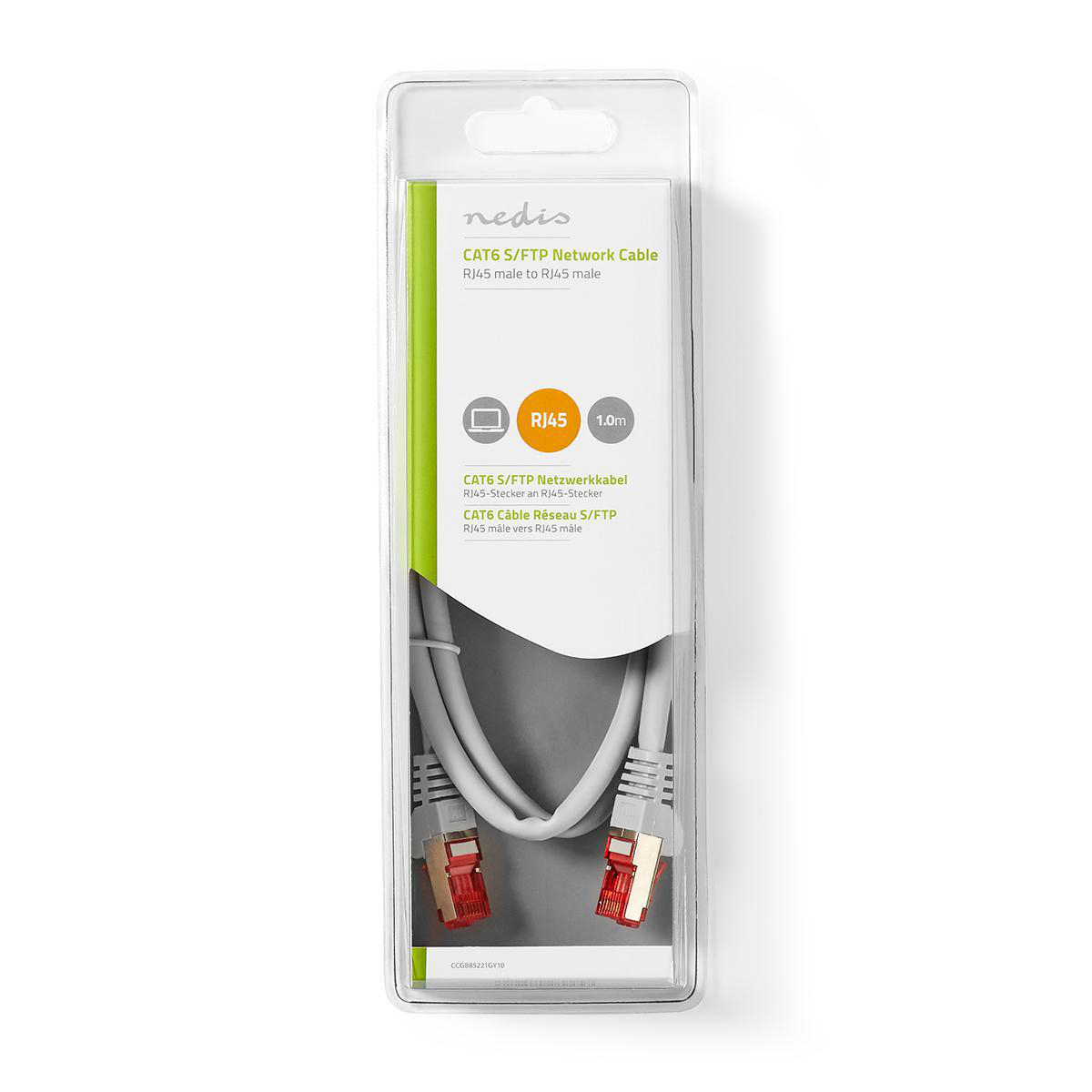 Kabel sieciowy w plastikowym opakowaniu, z białym kablem i czerwonymi złączami.