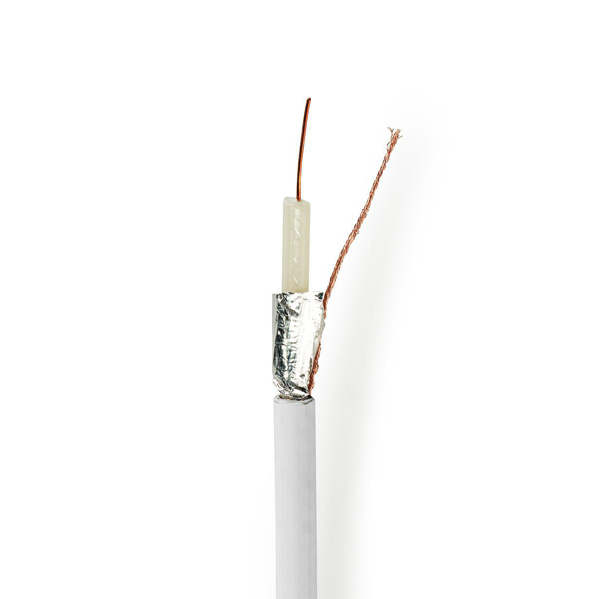 Ein durchgeschnittenes Kabel mit weißer Außenschicht und Kupferdraht. Das Ende ist abgeschnitten, die Innenleiter sind zu sehen.