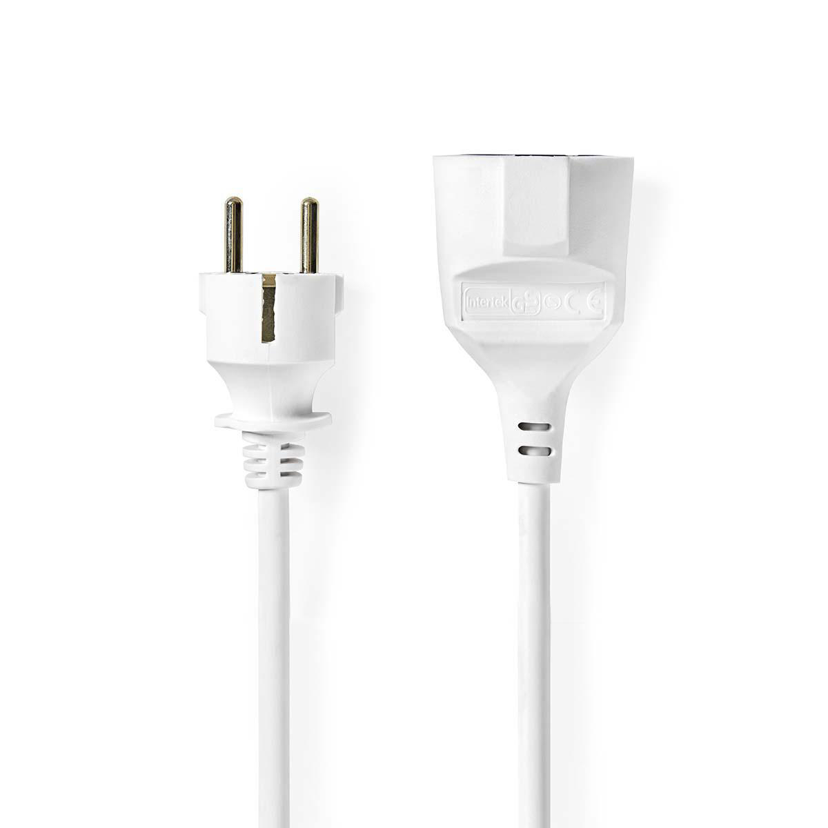 A white power cord with a plug and a socket against a white background.