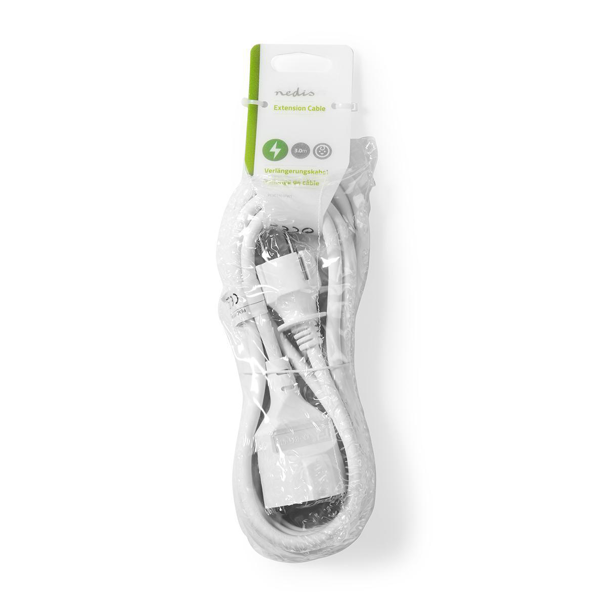 White extension cable in a plastic bag. White background.