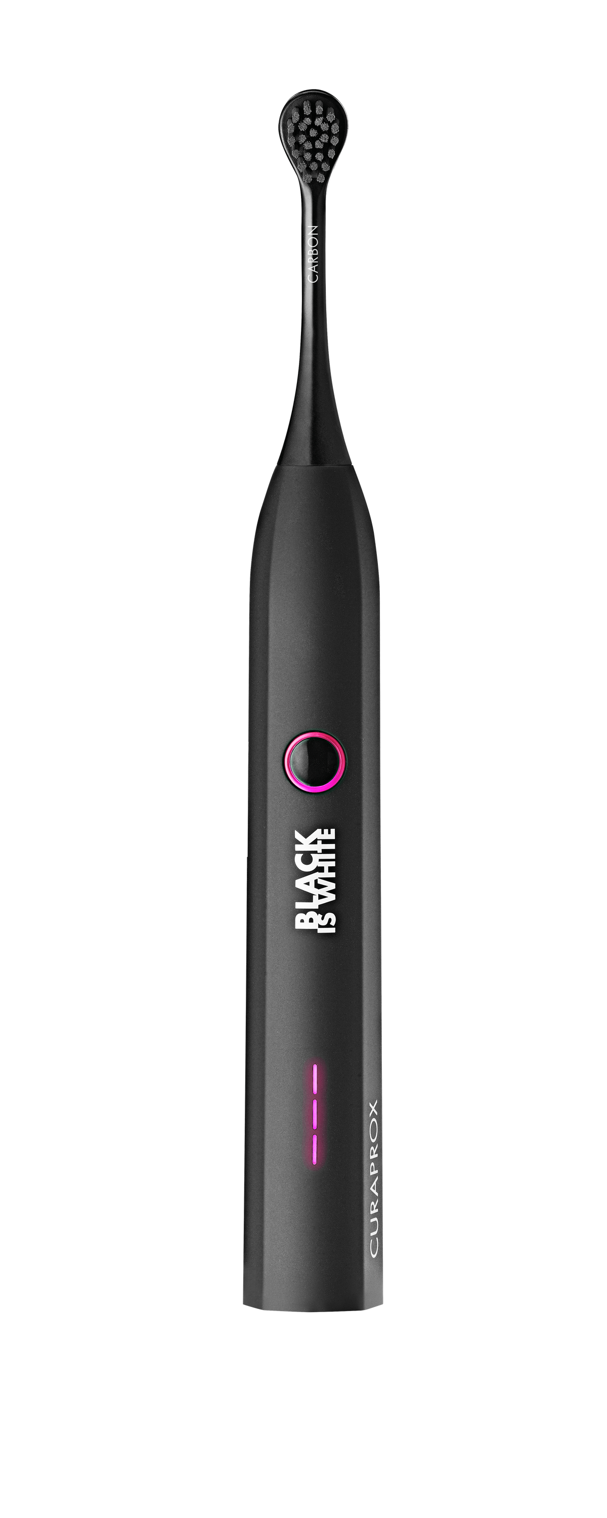 Czarna szczoteczka elektryczna z różowym przyciskiem zasilania, na czarnym tle.
