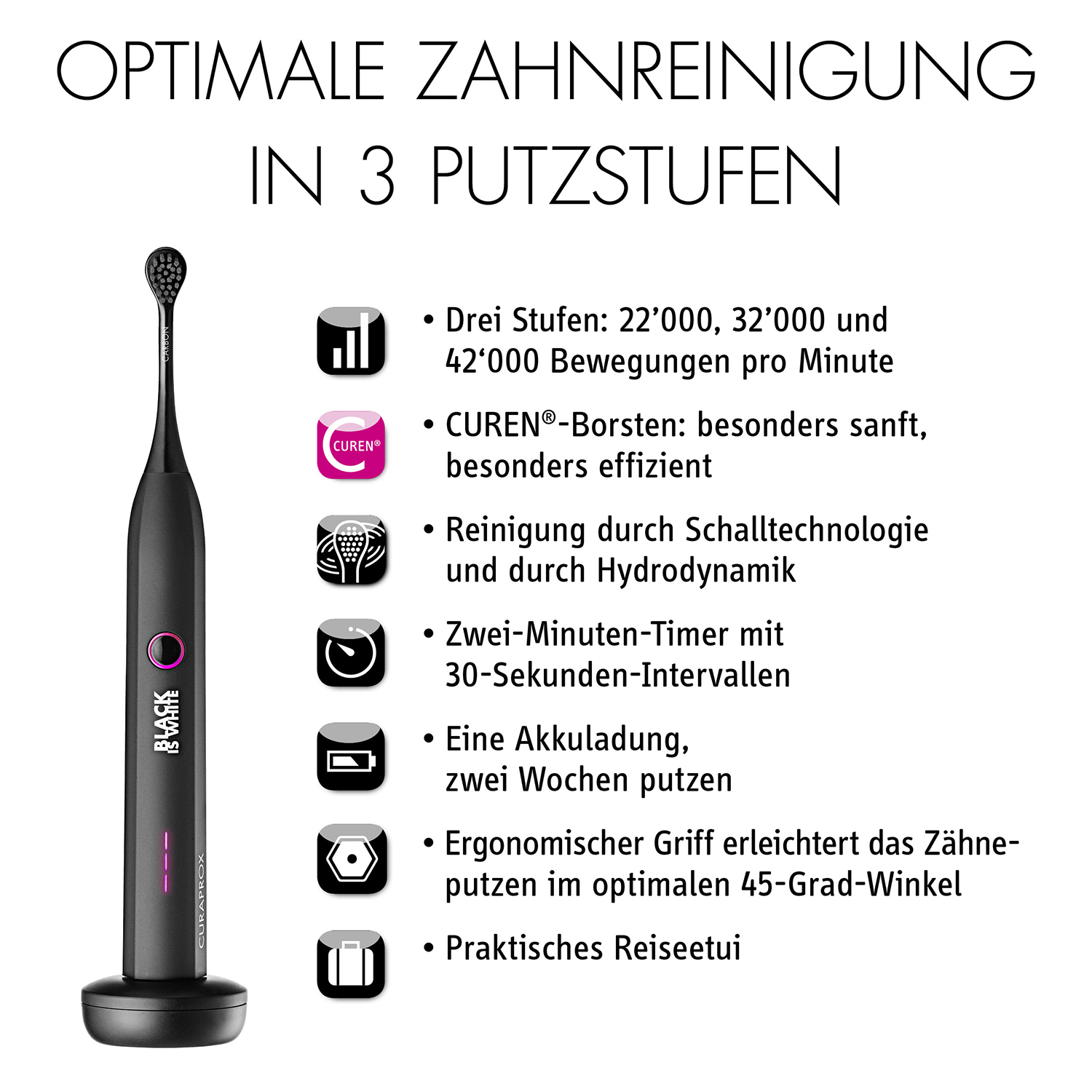 Czarna szczoteczka elektryczna z podstawą ładującą i szczegółami produktu.