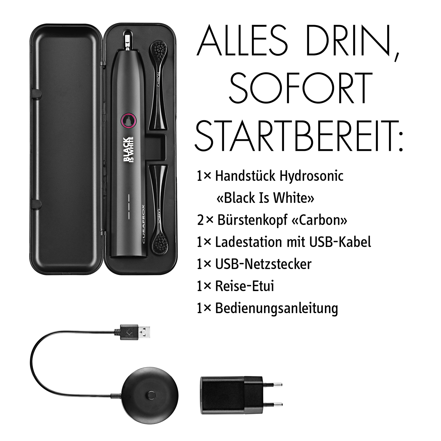 Czarno-biały zestaw szczoteczek do zębów z niemieckim tekstem.