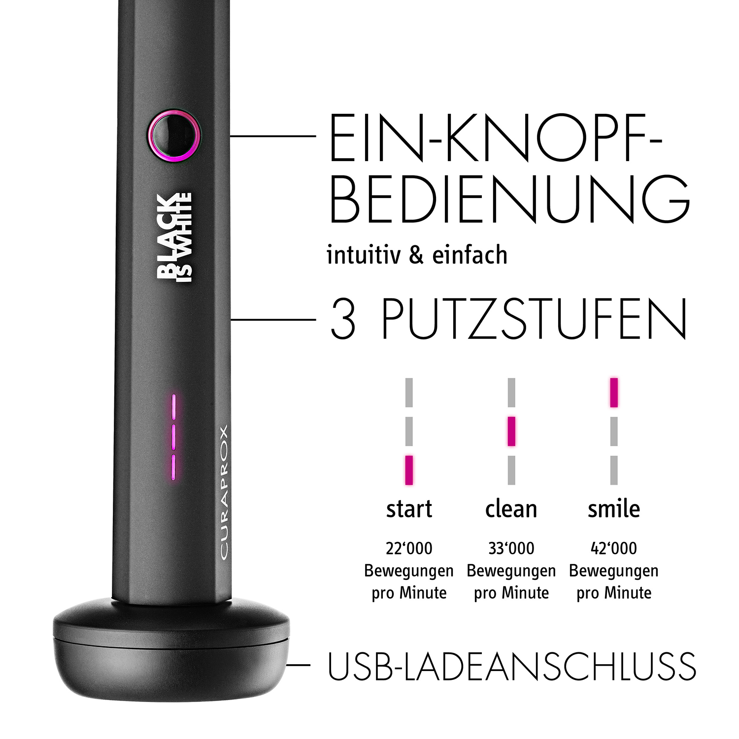 Czarna elektryczna szczoteczka do zębów z uchwytem. Tekst: obsługa jednym przyciskiem i 3 tryby czyszczenia.