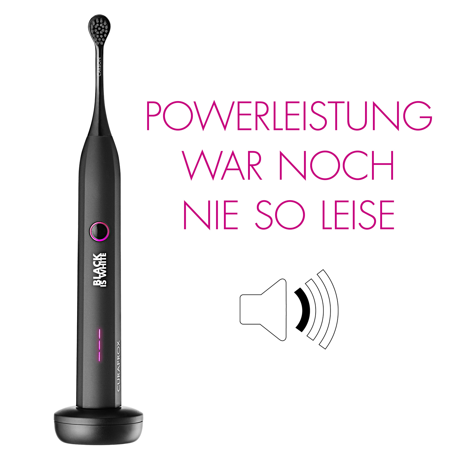 Czarna elektryczna szczoteczka do zębów z bazą ładującą. Tekst w języku niemieckim.