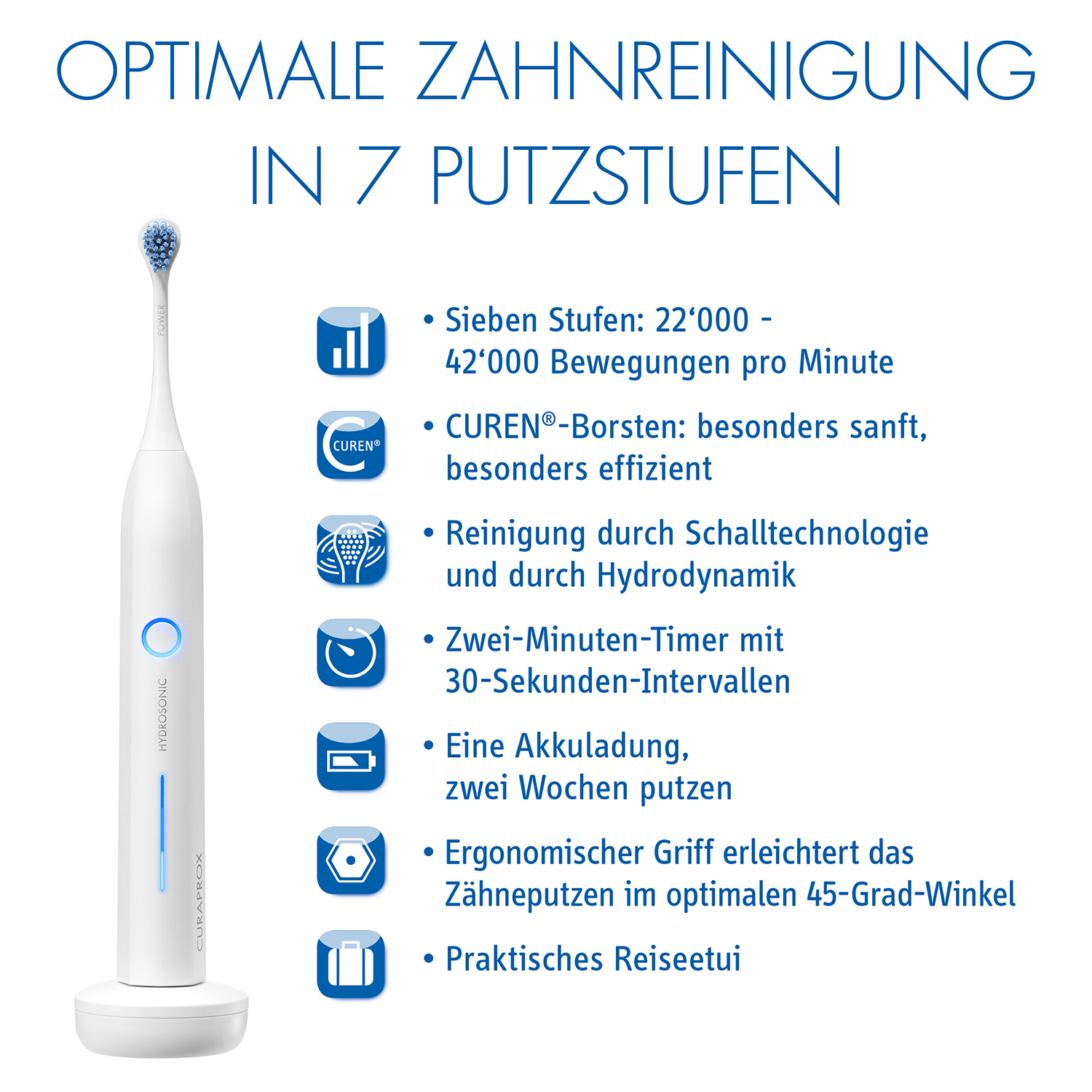 Biała elektryczna szczoteczka do zębów z niebieskim włosiem, na białej stacji ładującej, z niemieckim tekstem.