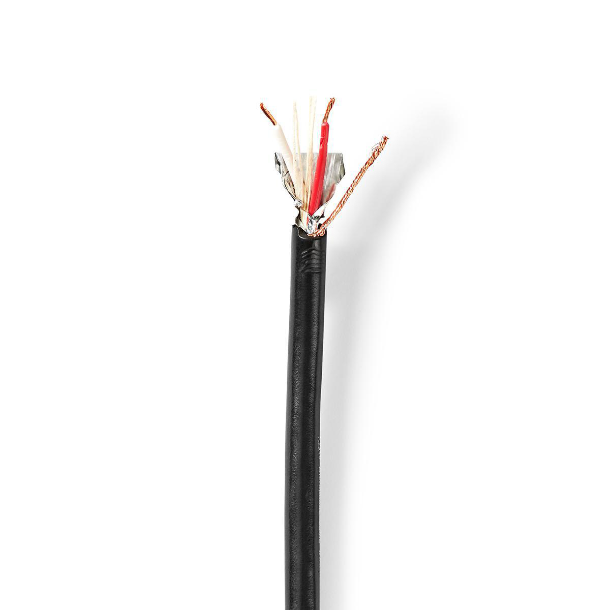 Een zwarte kabel met blootliggende draden. De draden zijn rood, wit en koperkleurig.