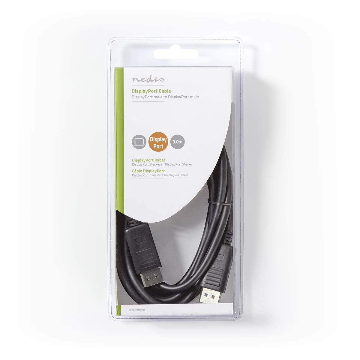 Ein DisplayPort-Kabel in einer Kunststoffverpackung, mit einem schwarzen Kabel und Anschlüssen.
