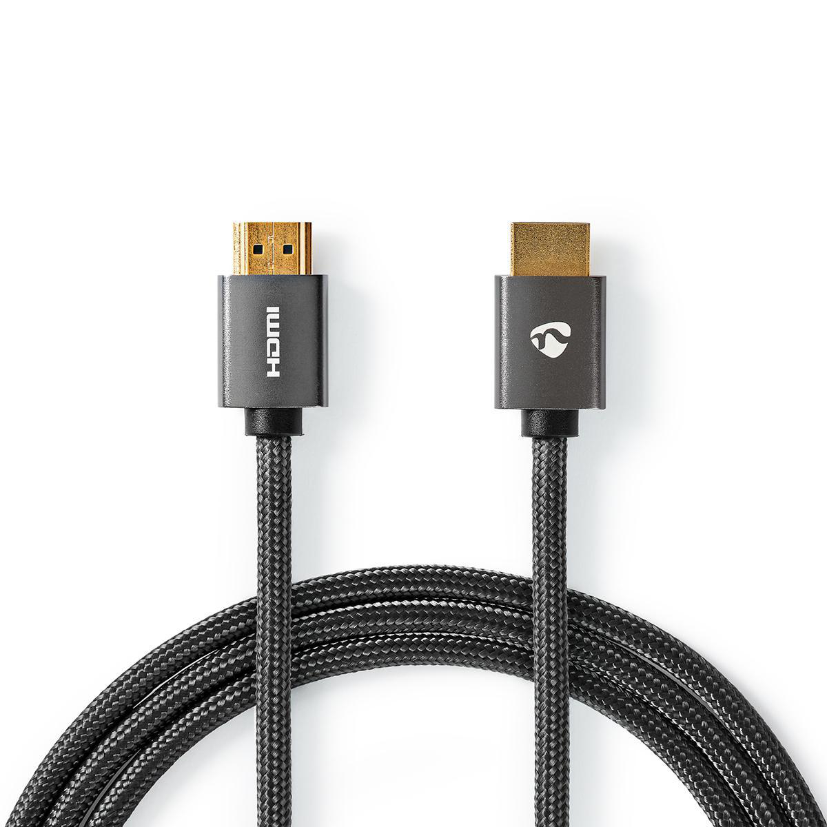 Zwarte HDMI-kabel met connectoren. Grijze details en branding. Witte achtergrond.
