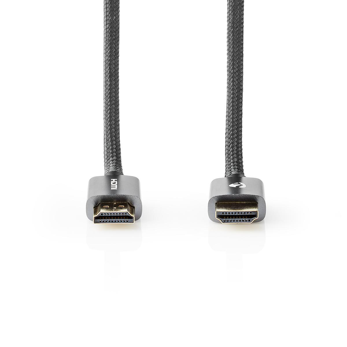 Twee zwarte HDMI-kabels met HDMI-connectoren aan elk uiteinde, op een witte achtergrond.