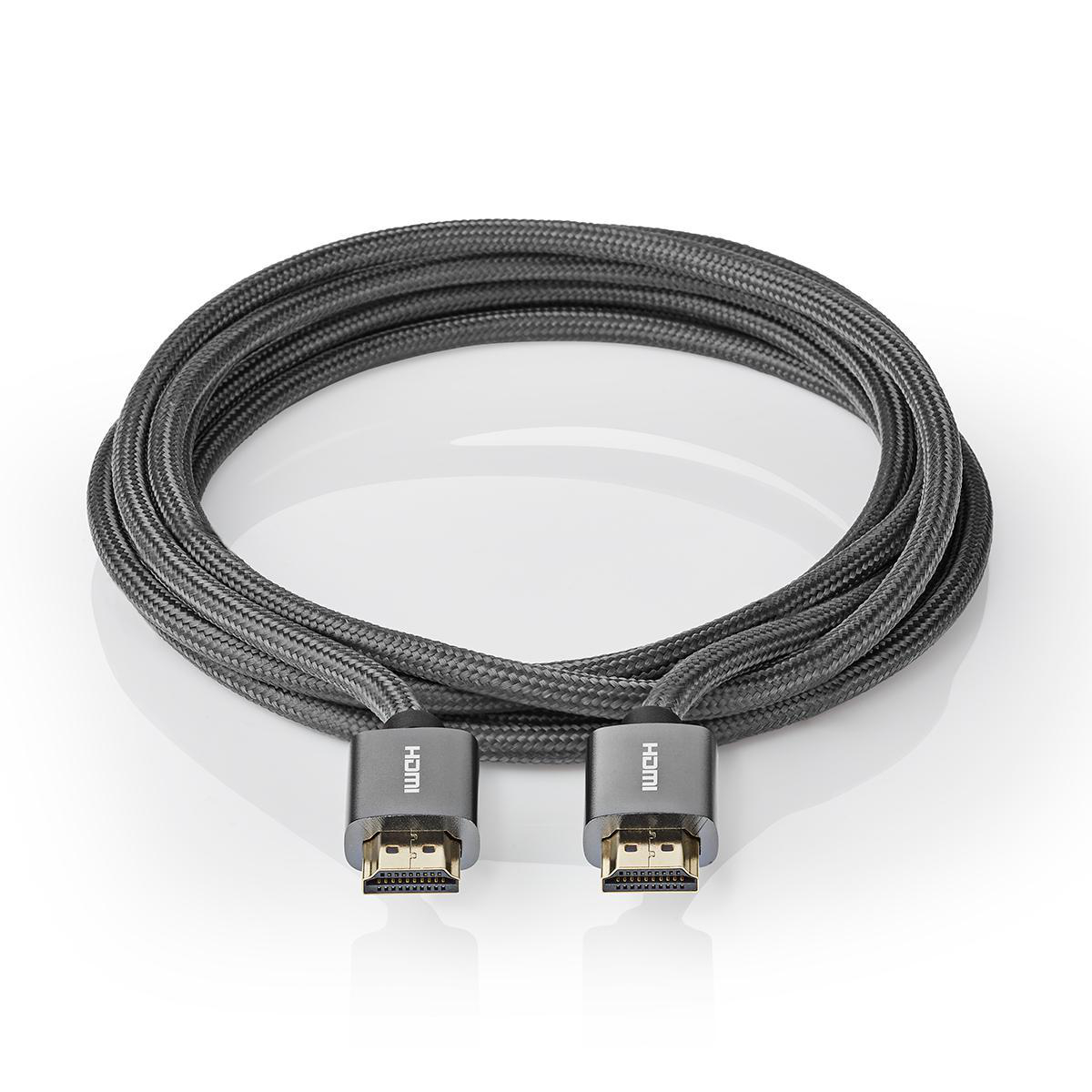 Opgerolde grijze HDMI-kabel met HDMI-connectoren op een wit oppervlak.
