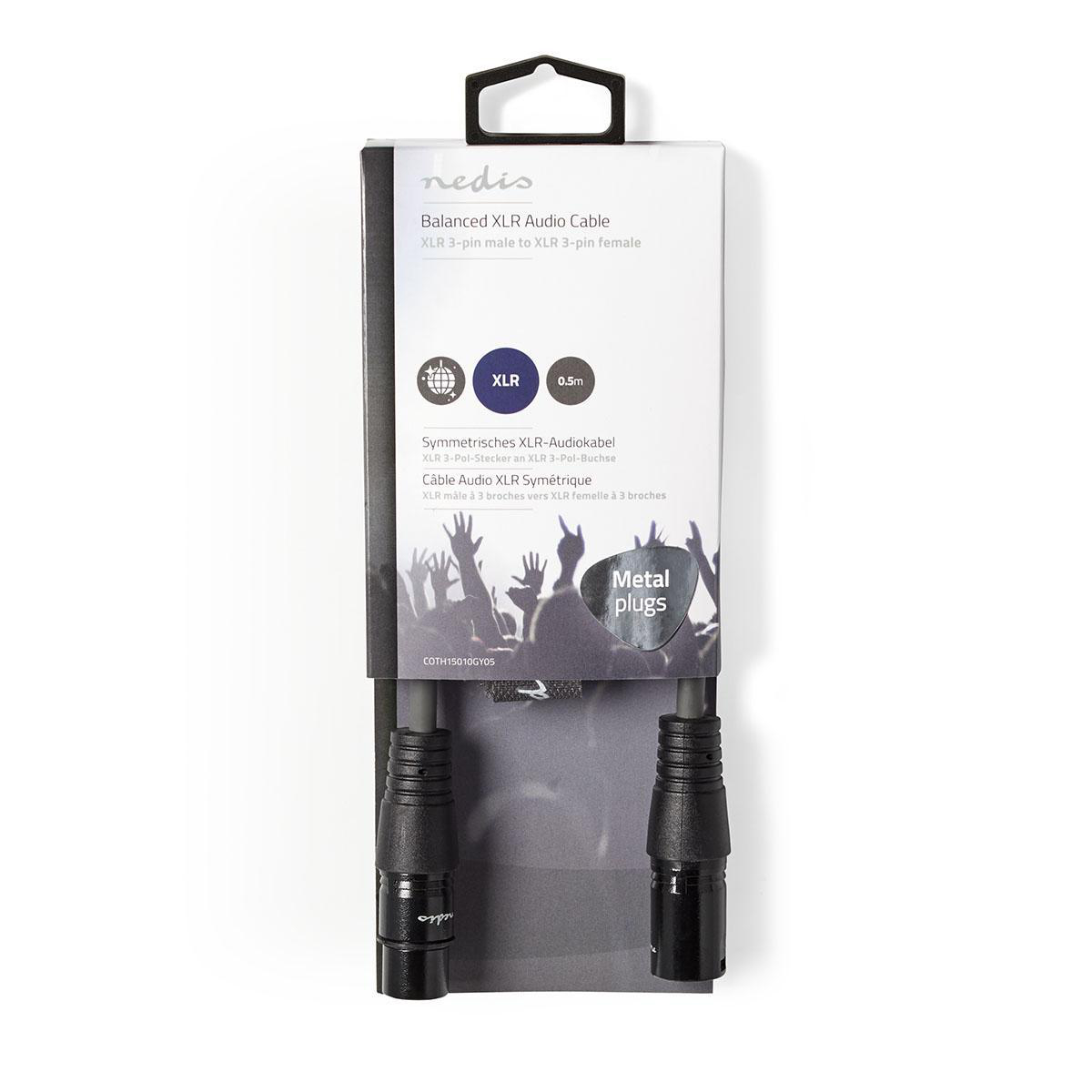 Verpakking van audiokabel met een afbeelding van een menigte. De kabel is XLR 3-pins mannelijk naar XLR 3-pins vrouwelijk.