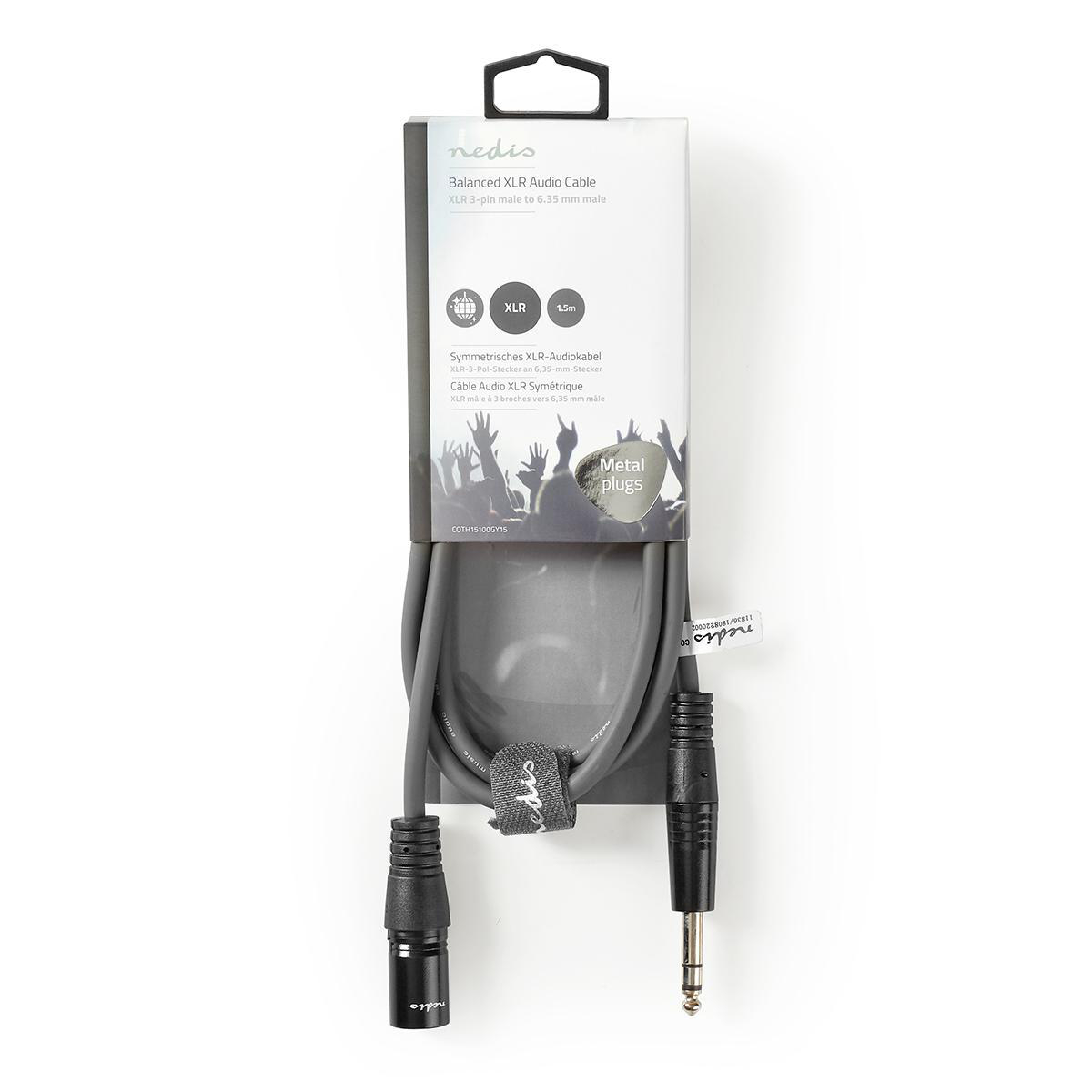Grijze XLR audiokabel in verpakking. Zwarte en zilveren connectoren. Witte achtergrond.