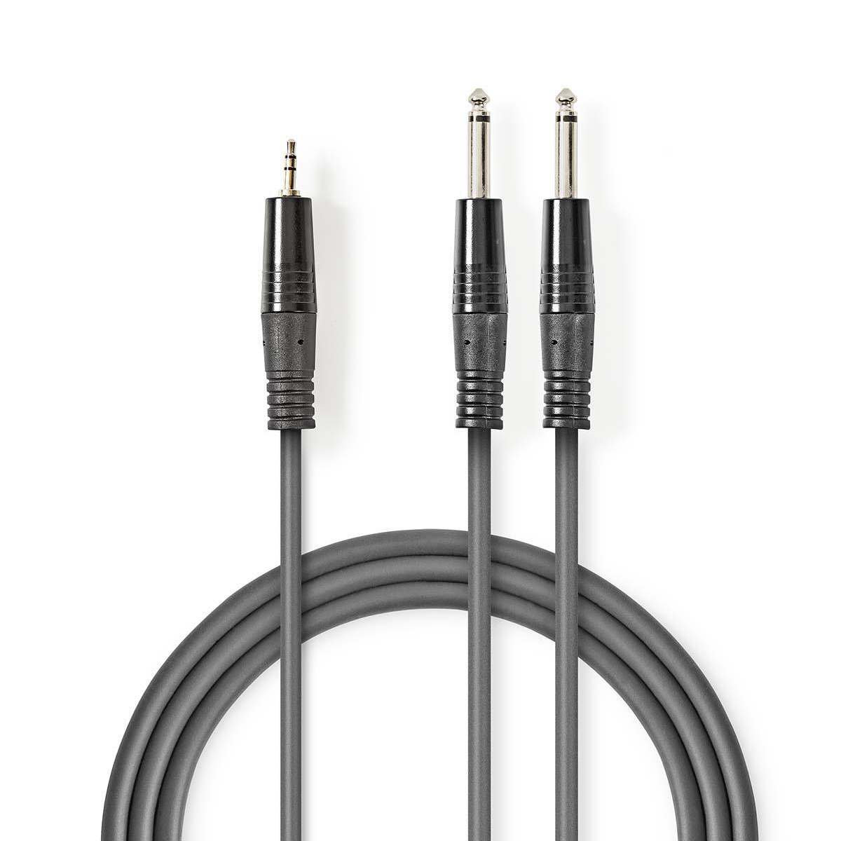 Drie grijze audiokabels met zwarte connectoren. Eén is een 3,5 mm-jack, twee zijn 6,35 mm-jacks.