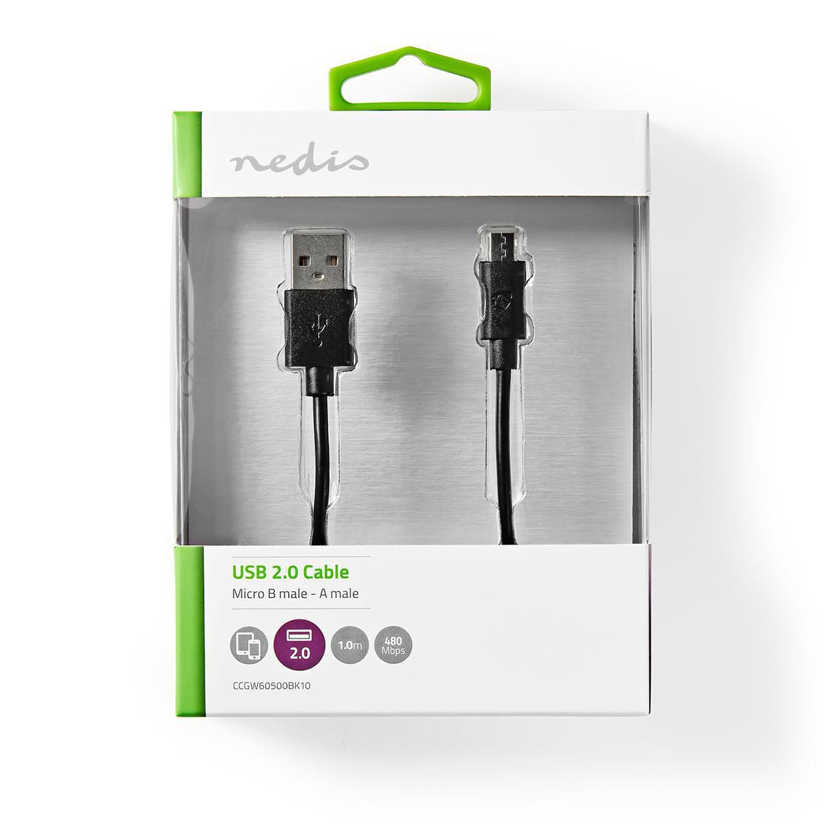 Ein USB 2.0-Kabel, Micro-B-Stecker zu A-Stecker.