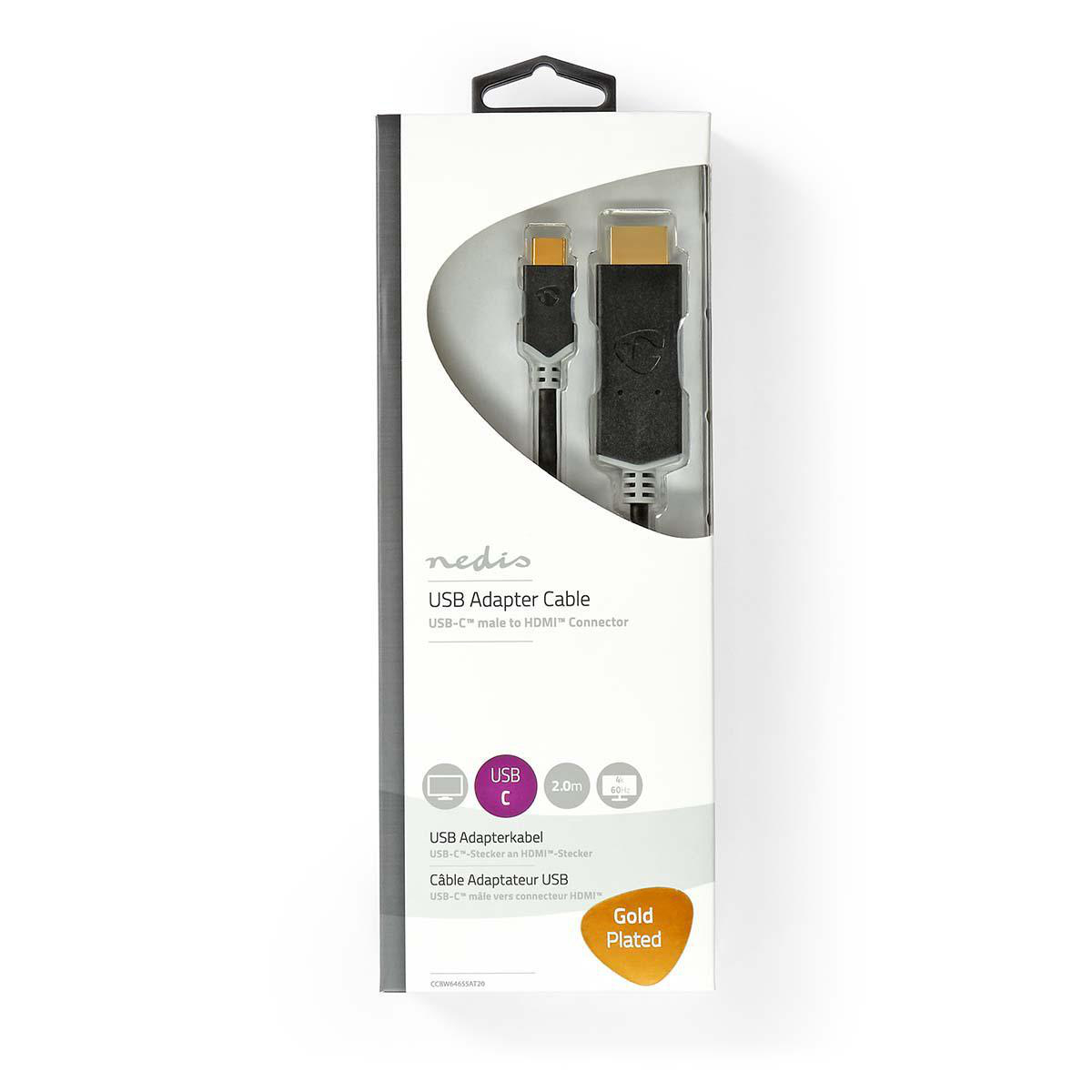 Scatola del cavo adattatore USB con connettori USB-C e HDMI. Etichetta dorata.