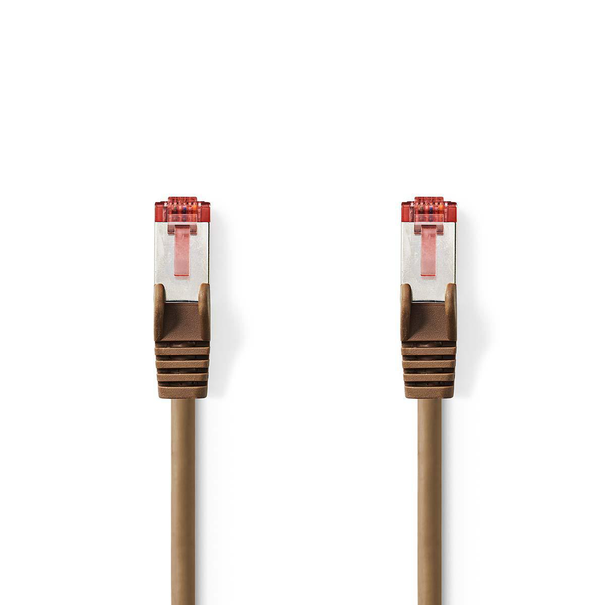 Zwei braune Netzwerkkabel mit roten Steckern auf weißem Hintergrund.
