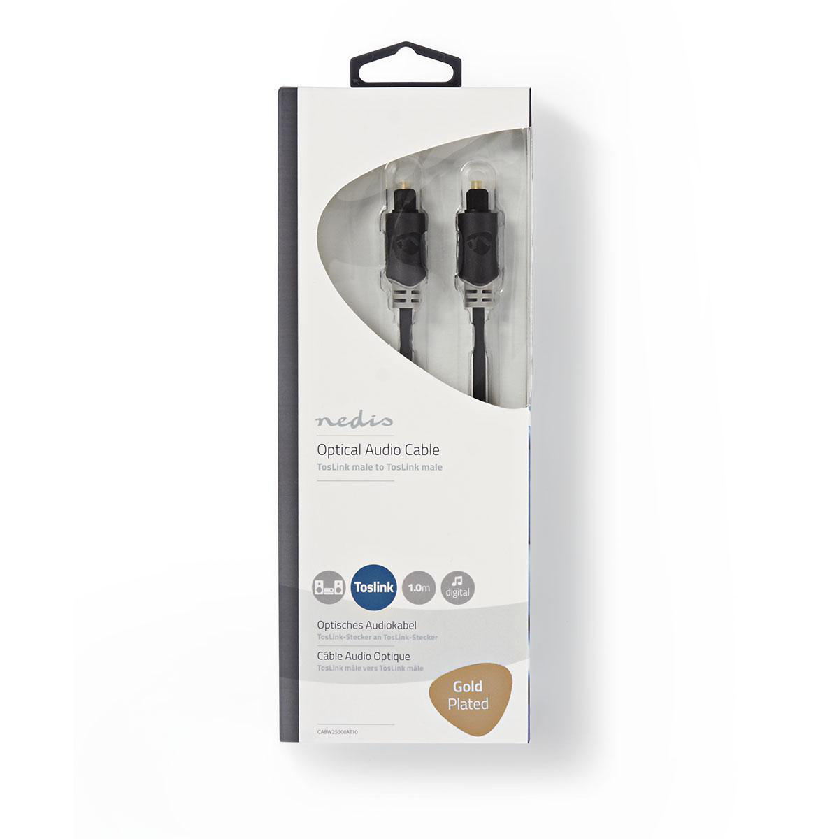 Optyczny kabel audio w pudełku. Czarny kabel ze pozłacanymi końcami. Białe tło.