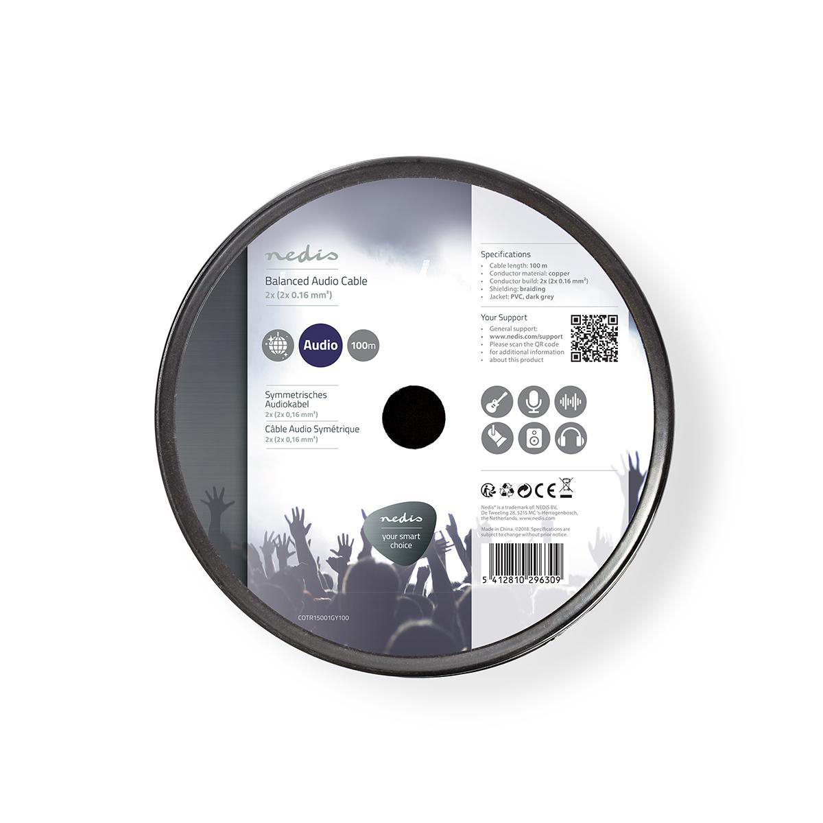 Zwarte en grijze audicabelspoel met een wit rond label en een QR-code.