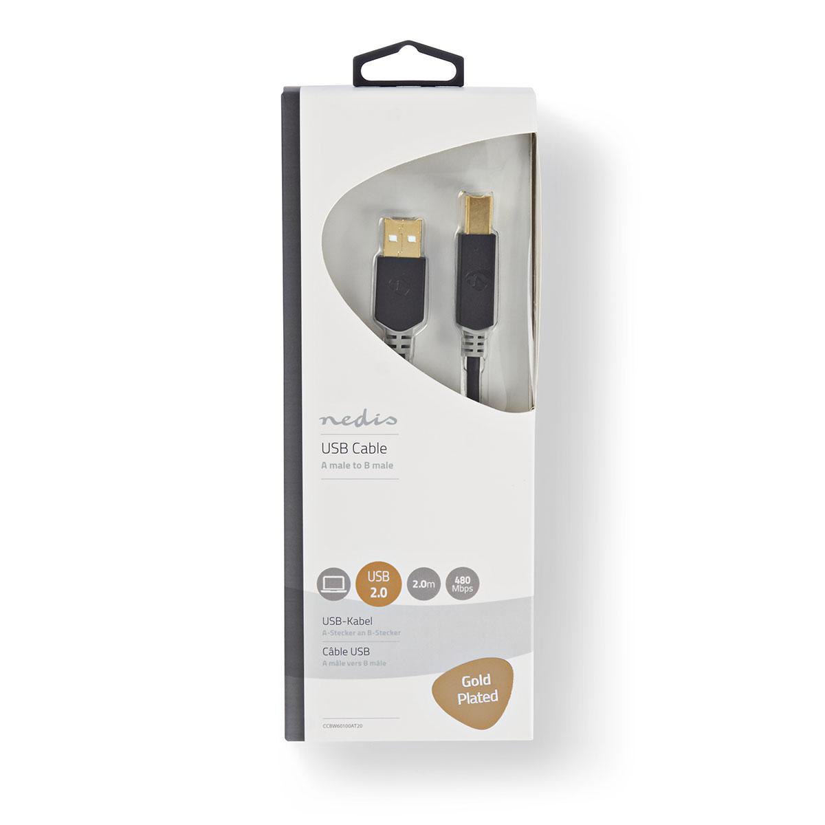 Ein USB-Kabel in seiner Verpackung. Die Verpackung ist weiß mit schwarzem und goldenem Text.