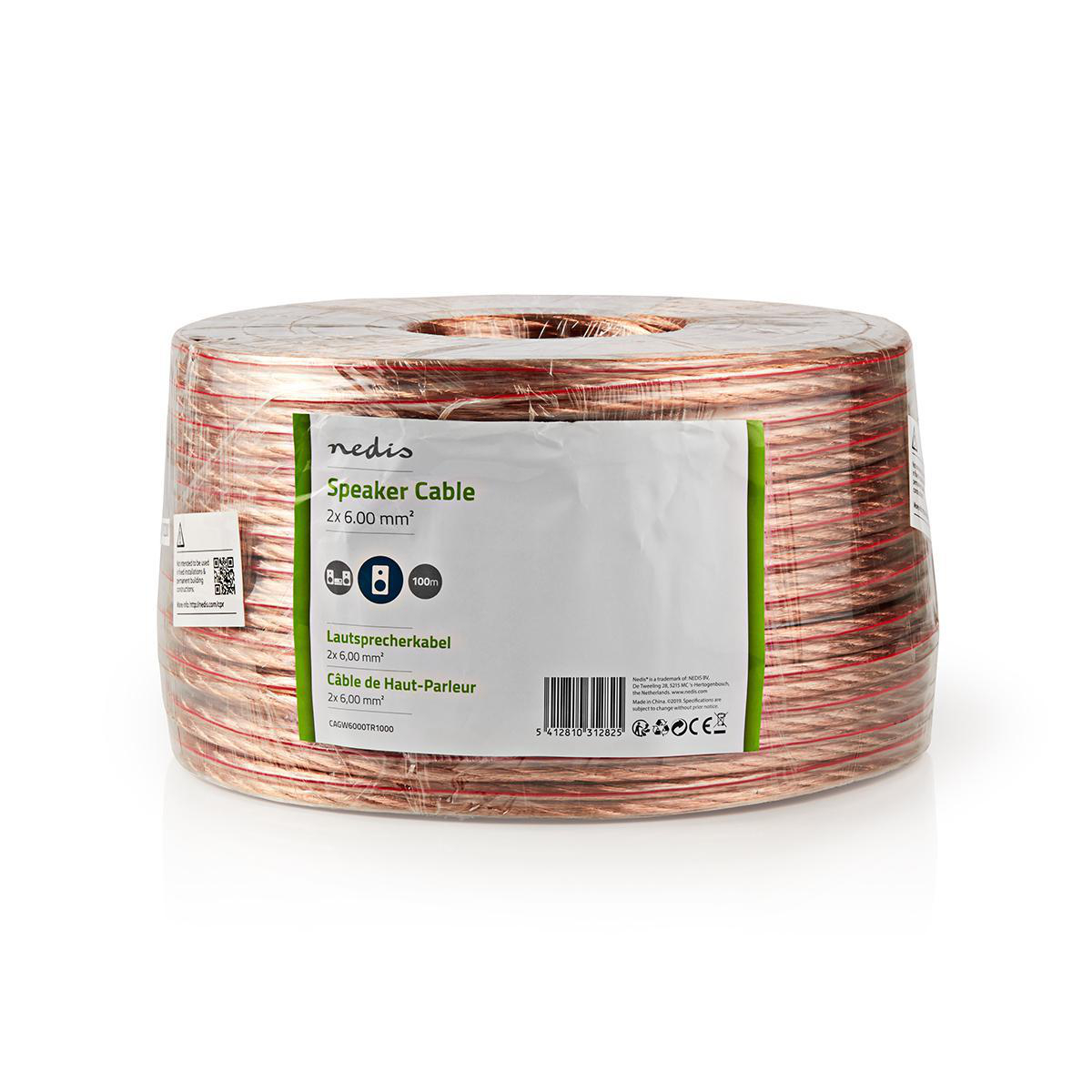 A roll of speaker cable, wrapped in plastic. The label shows the brand name, cable specs, and other information.