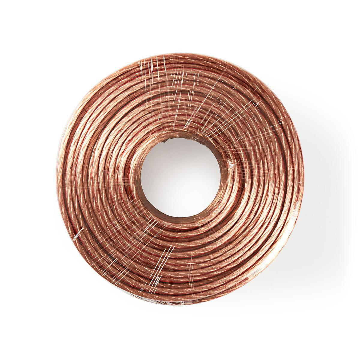 Coiled copper cable wrapped in transparent plastic. White background.