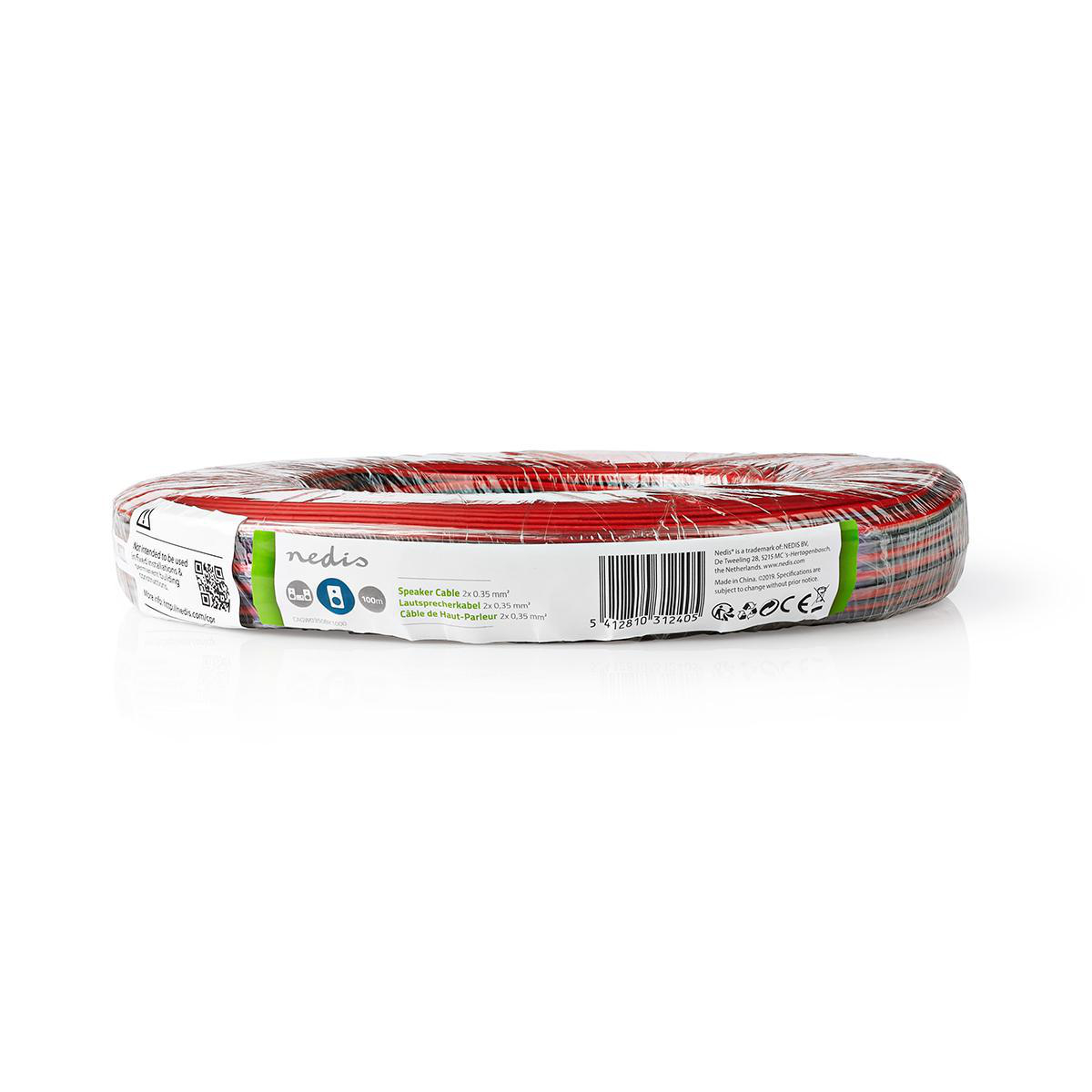 Red electrical cable in a roll with labels. The background is plain white.