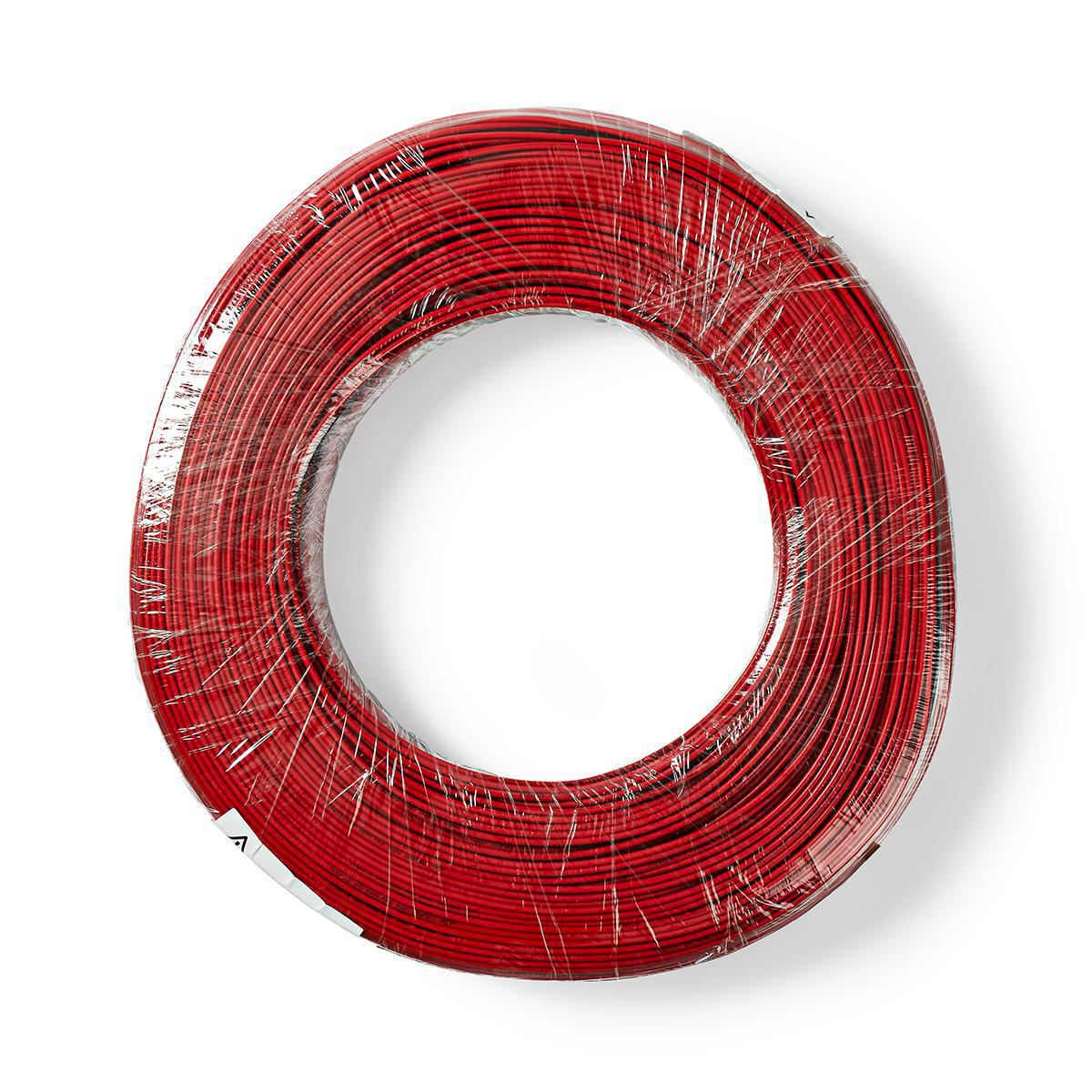 A roll of red and black electrical wire, wrapped in clear plastic.