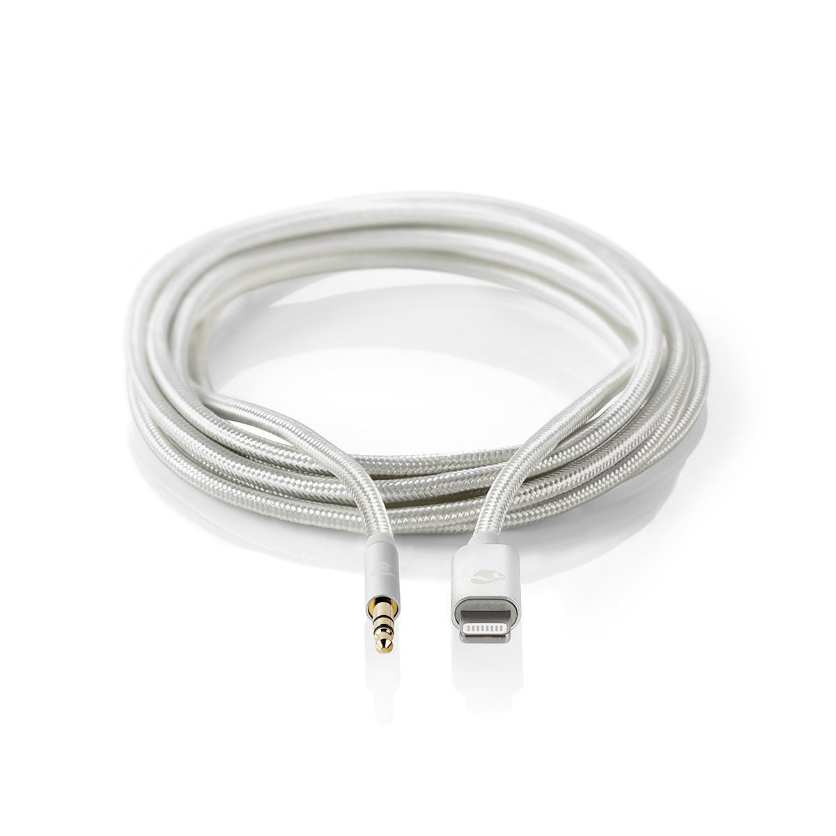 Weißes Audiokabel mit Lightning- und Aux-Anschlüssen.
