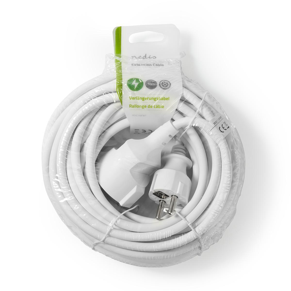 White extension cable, coiled, in clear plastic. Plug and socket visible.