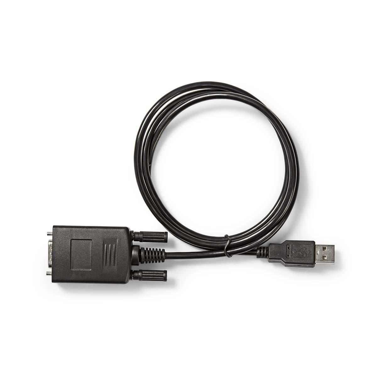 Câble USB vers DB9 noir, enroulé, avec connecteurs, sur surface blanche.